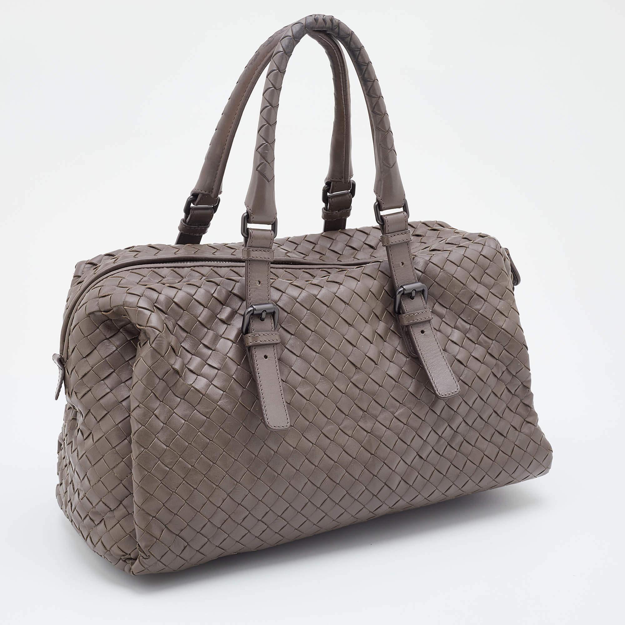 Gray Bottega Veneta Grey Intrecciato Leather Boston Zip Bag