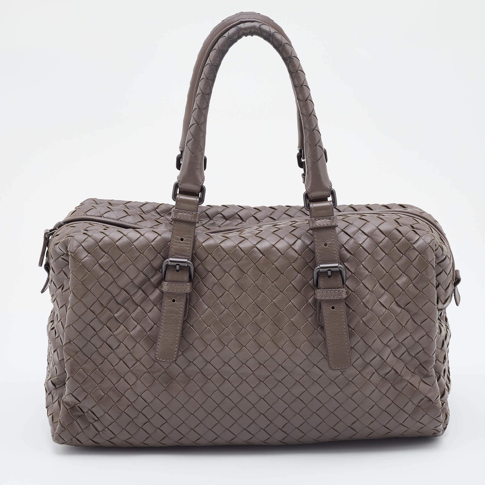 Bottega Veneta Grey Intrecciato Leather Boston Zip Bag 4