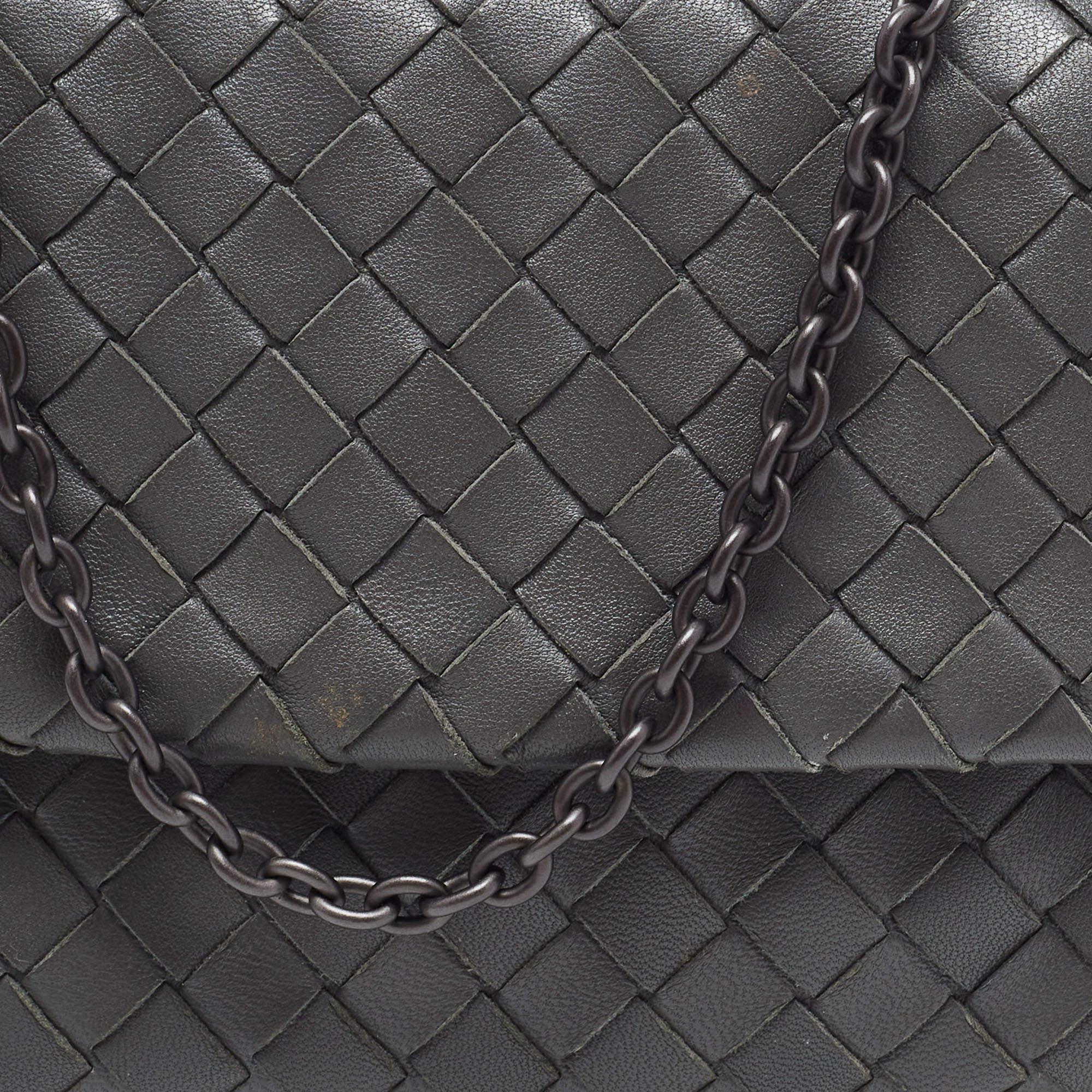 Bottega Veneta Grey Intrecciato Leather Flap Chain Crossbody Bag 7