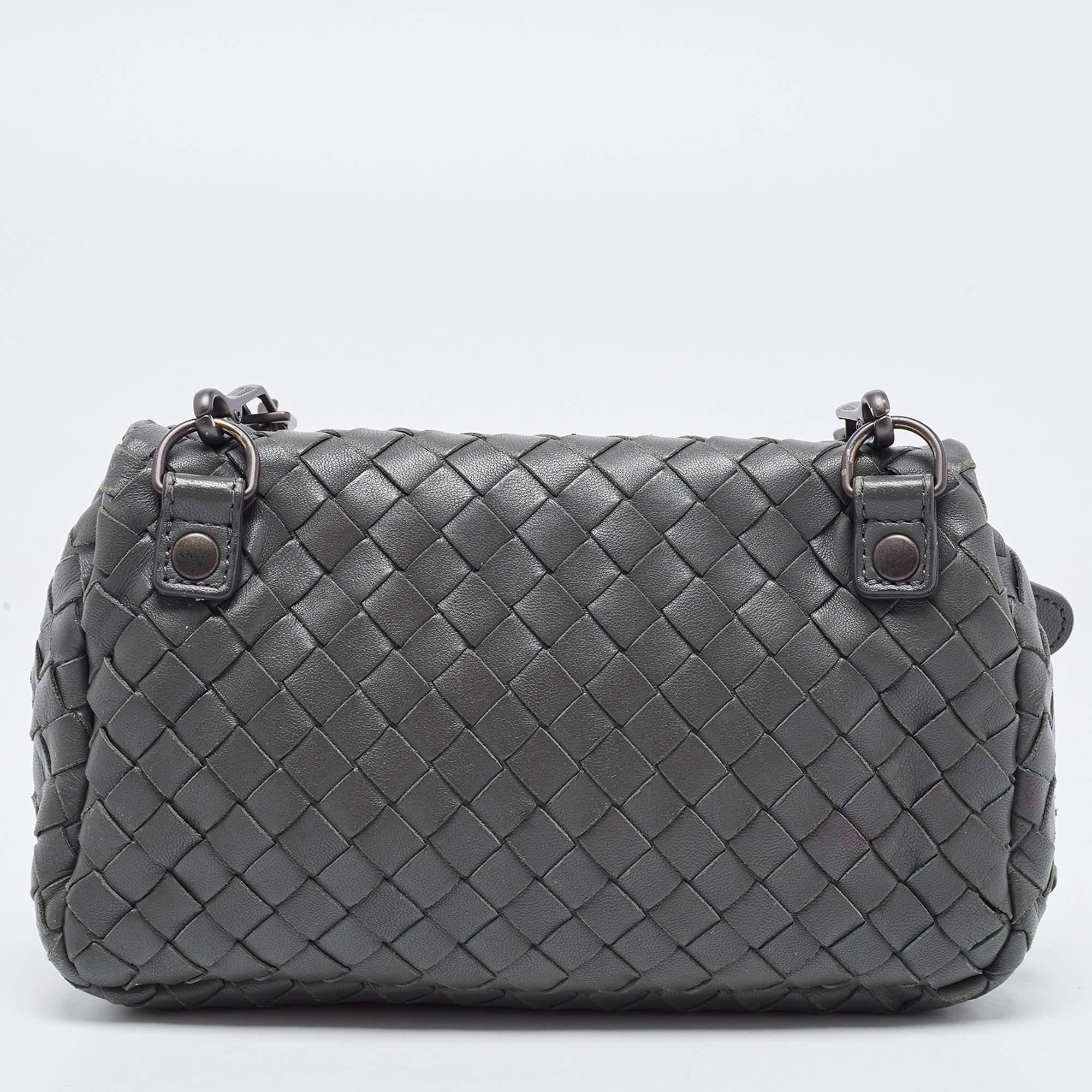 Bottega Veneta Grey Intrecciato Leather Flap Chain Crossbody Bag 8