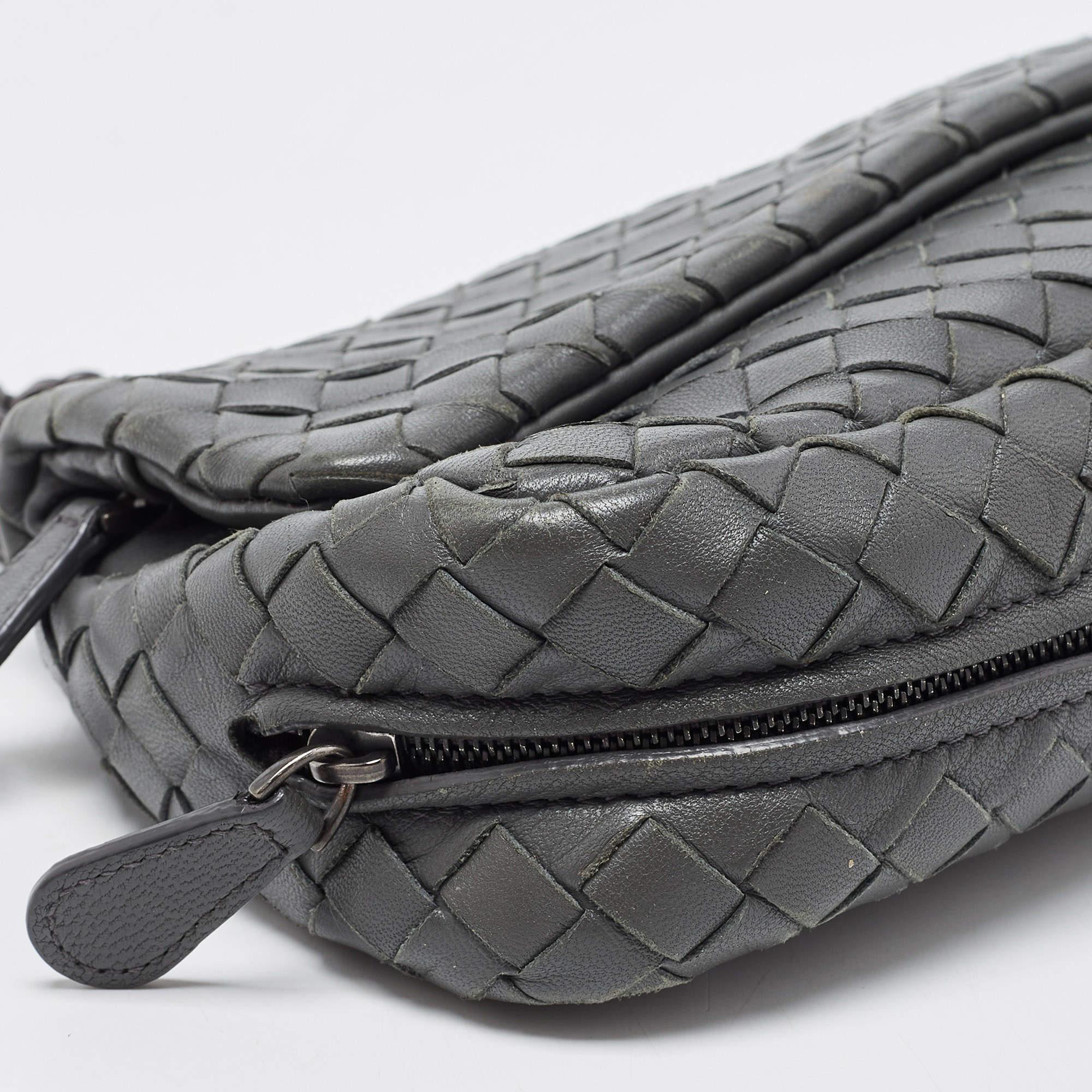 Bottega Veneta Grey Intrecciato Leather Flap Chain Crossbody Bag 10
