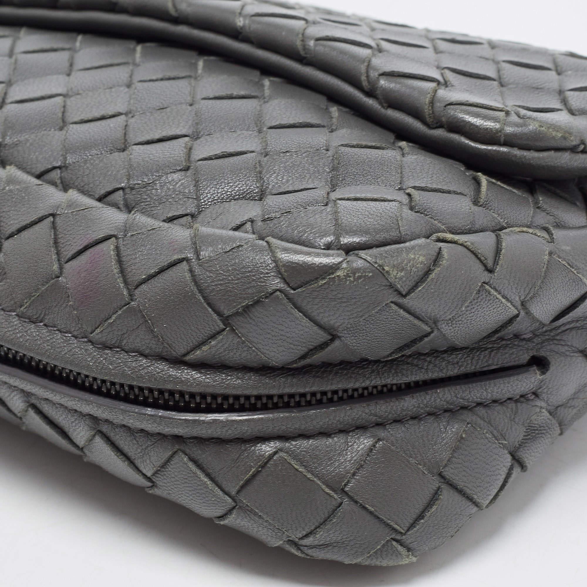 Bottega Veneta Grey Intrecciato Leather Flap Chain Crossbody Bag 11