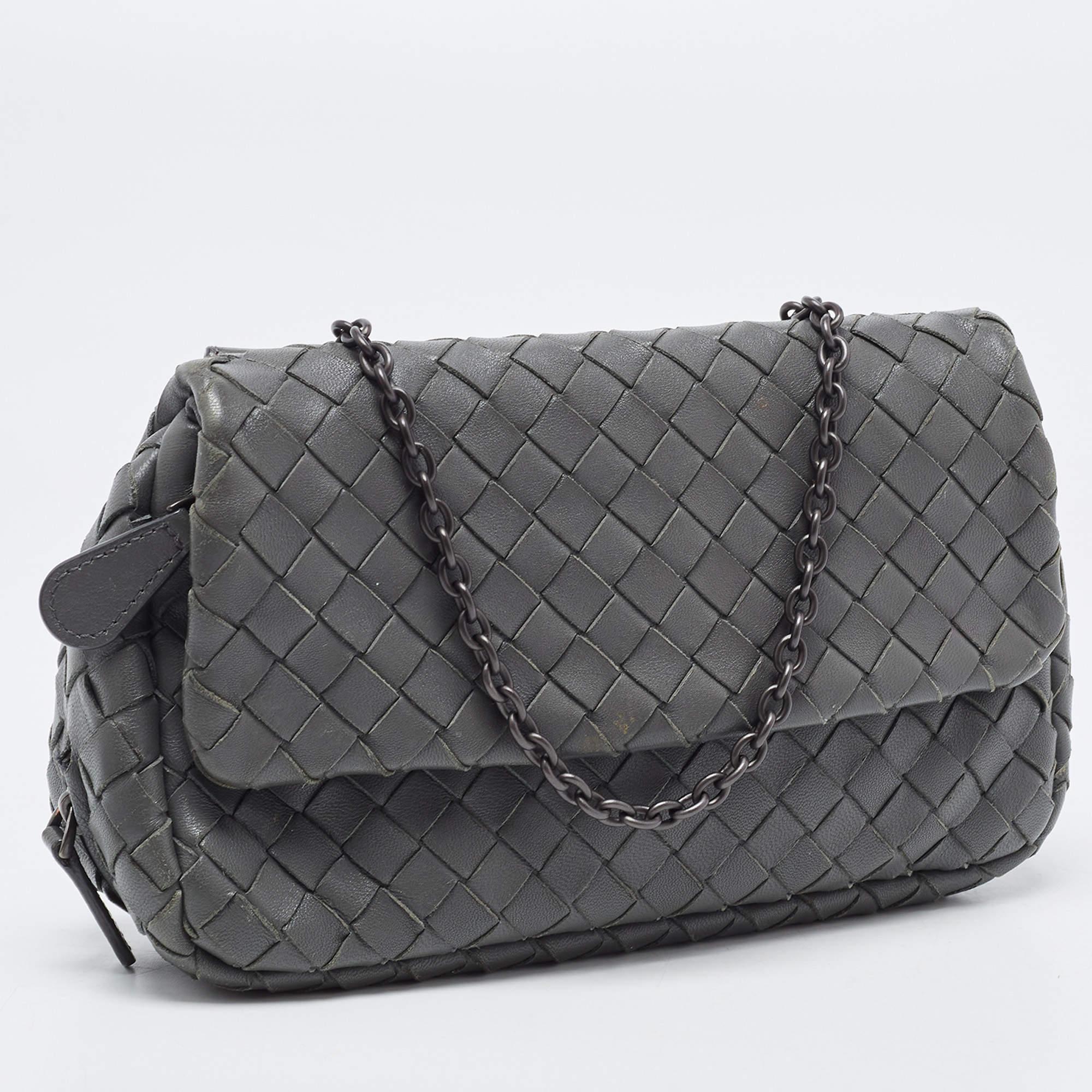 Black Bottega Veneta Grey Intrecciato Leather Flap Chain Crossbody Bag
