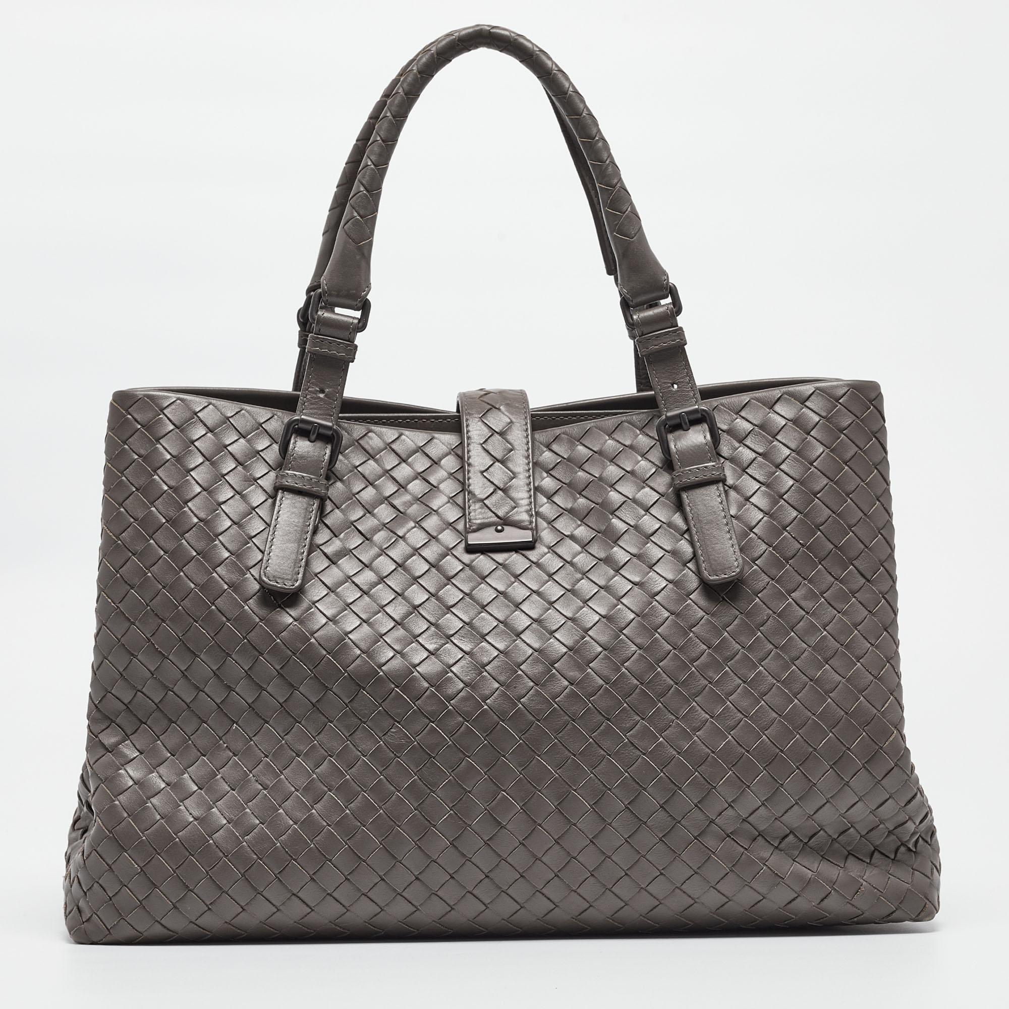 Women's Bottega Veneta Grey Intrecciato Leather Medium Roma Tote