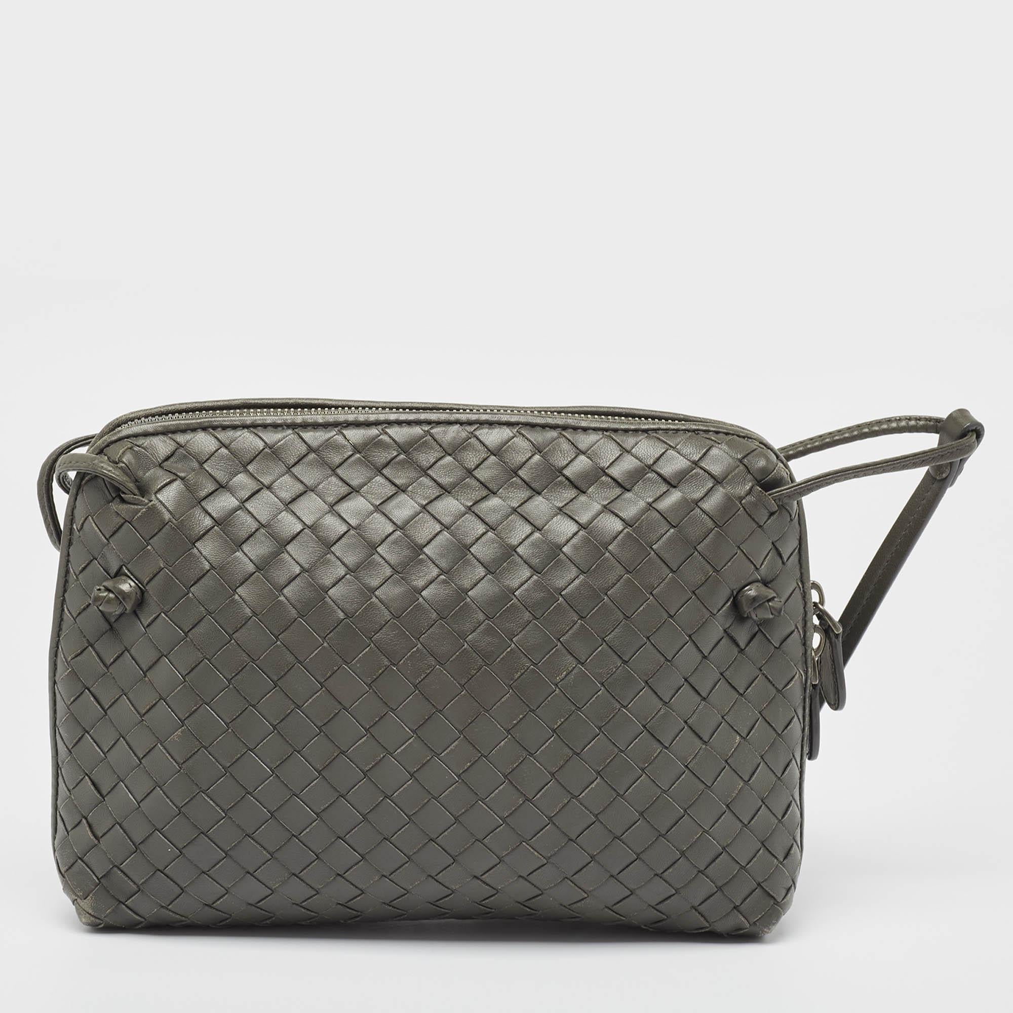 Women's Bottega Veneta Grey Intrecciato Leather Nodini Crossbody Bag