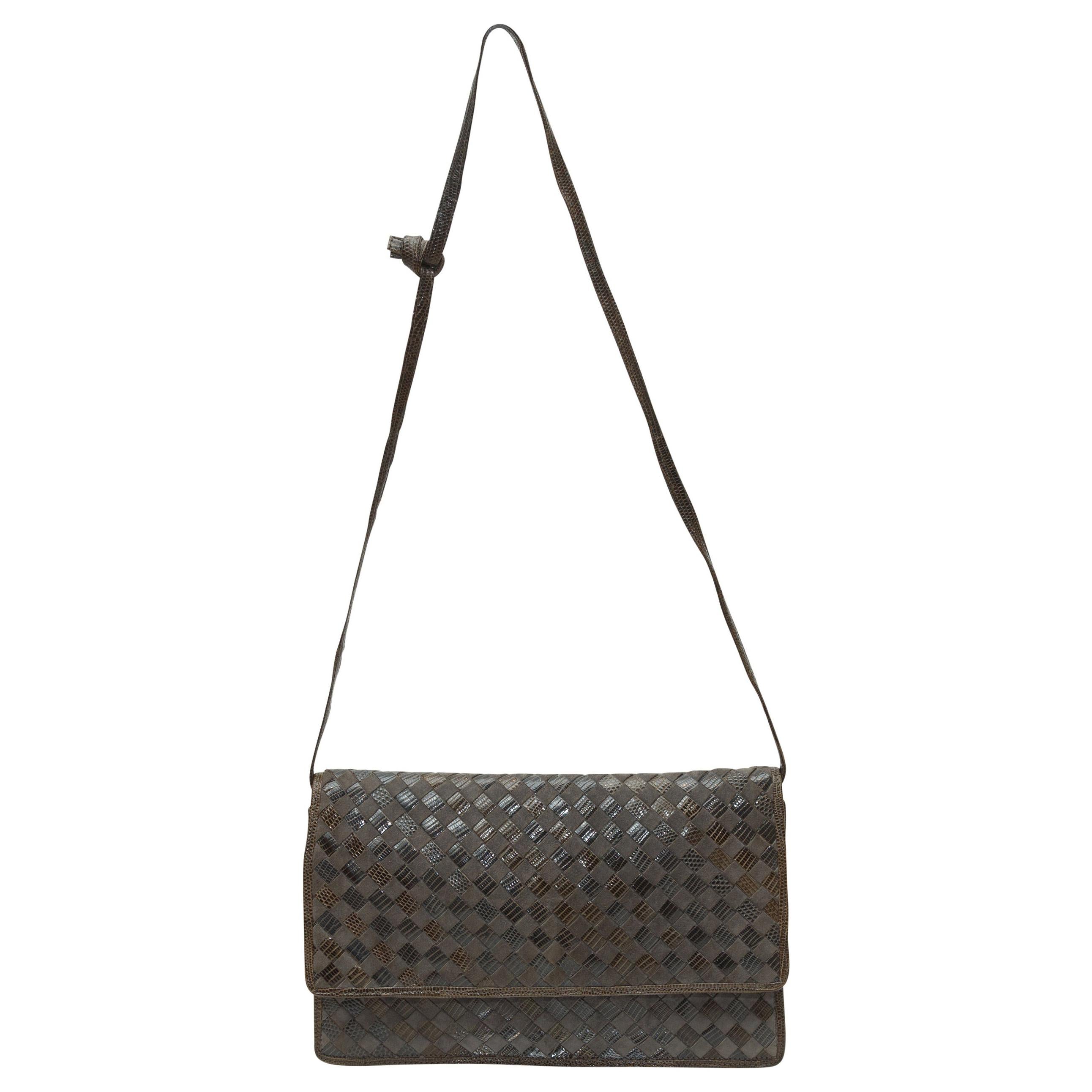 Bottega Veneta Grey Intrecciato Suede and Lizard Crossbody Bag at ...