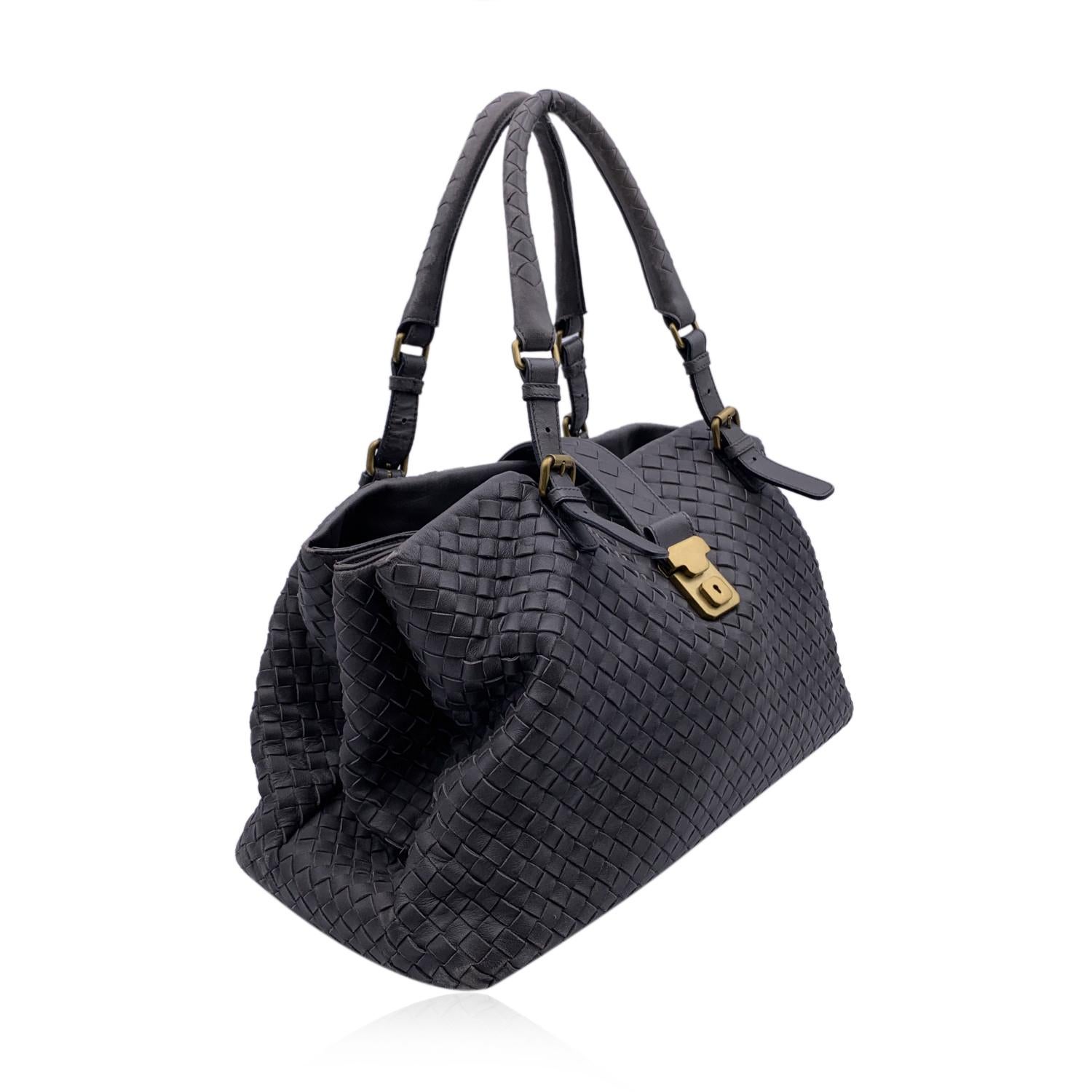 Black Bottega Veneta Grey Intrecciato Woven Leather Roma Tote Bag