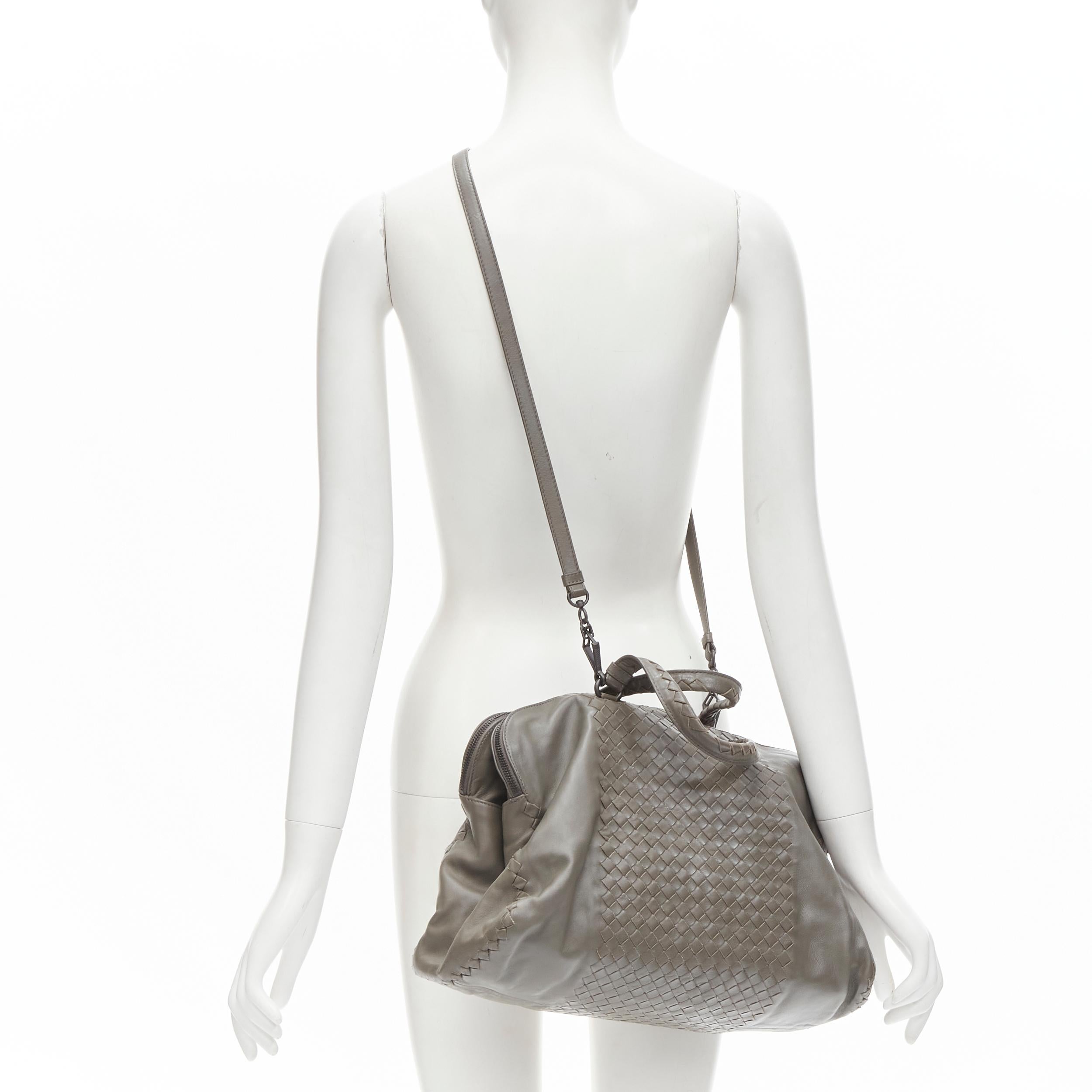 BOTTEGA VENETA grey Intrecciato woven leather zip trio compartment satchel bag 
Reference: JACG/A00004 
Brand: Bottega Veneta 
Material: Leather 
Color: Grey 
Pattern: Solid 
Closure: Zip 
Extra Detail: Double top zip compartments at front and back.