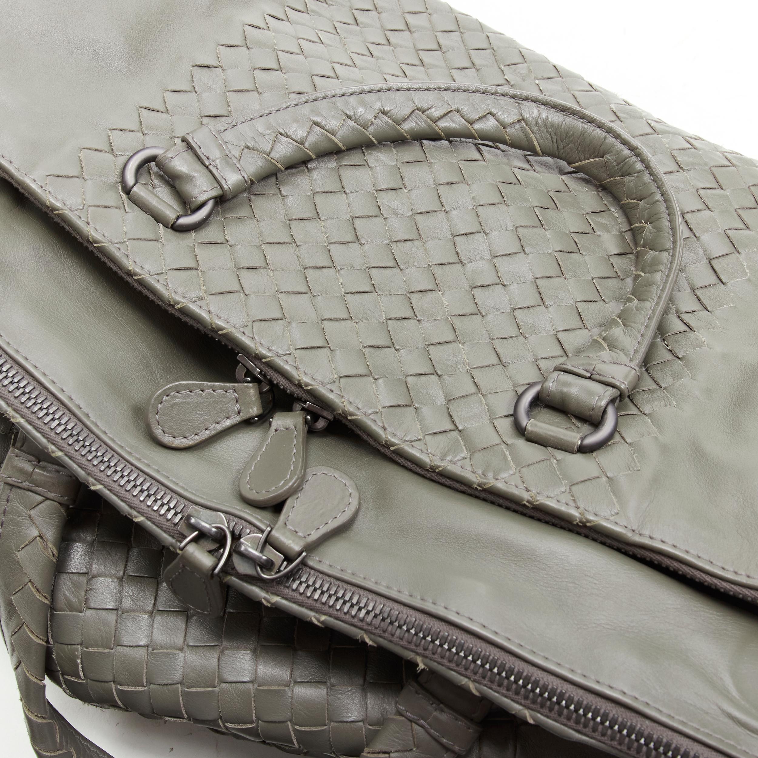 BOTTEGA VENETA grey Intrecciato woven leather zip trio compartment satchel bag 1