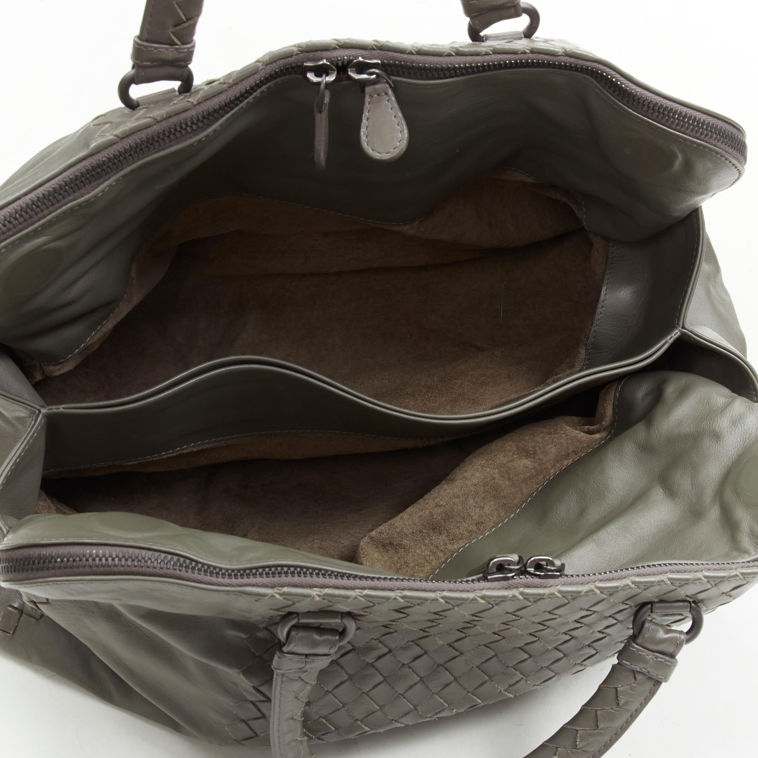 BOTTEGA VENETA grey Intrecciato woven leather zip trio compartment satchel bag 2