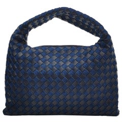 Bottega Veneta Hop Small Leather and Denim Intrecciato Navy Hobo Bag 41cm