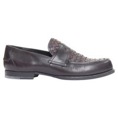 BOTTEGA VENETA Intrecciato black burgundy woven leather penny loafers EU43