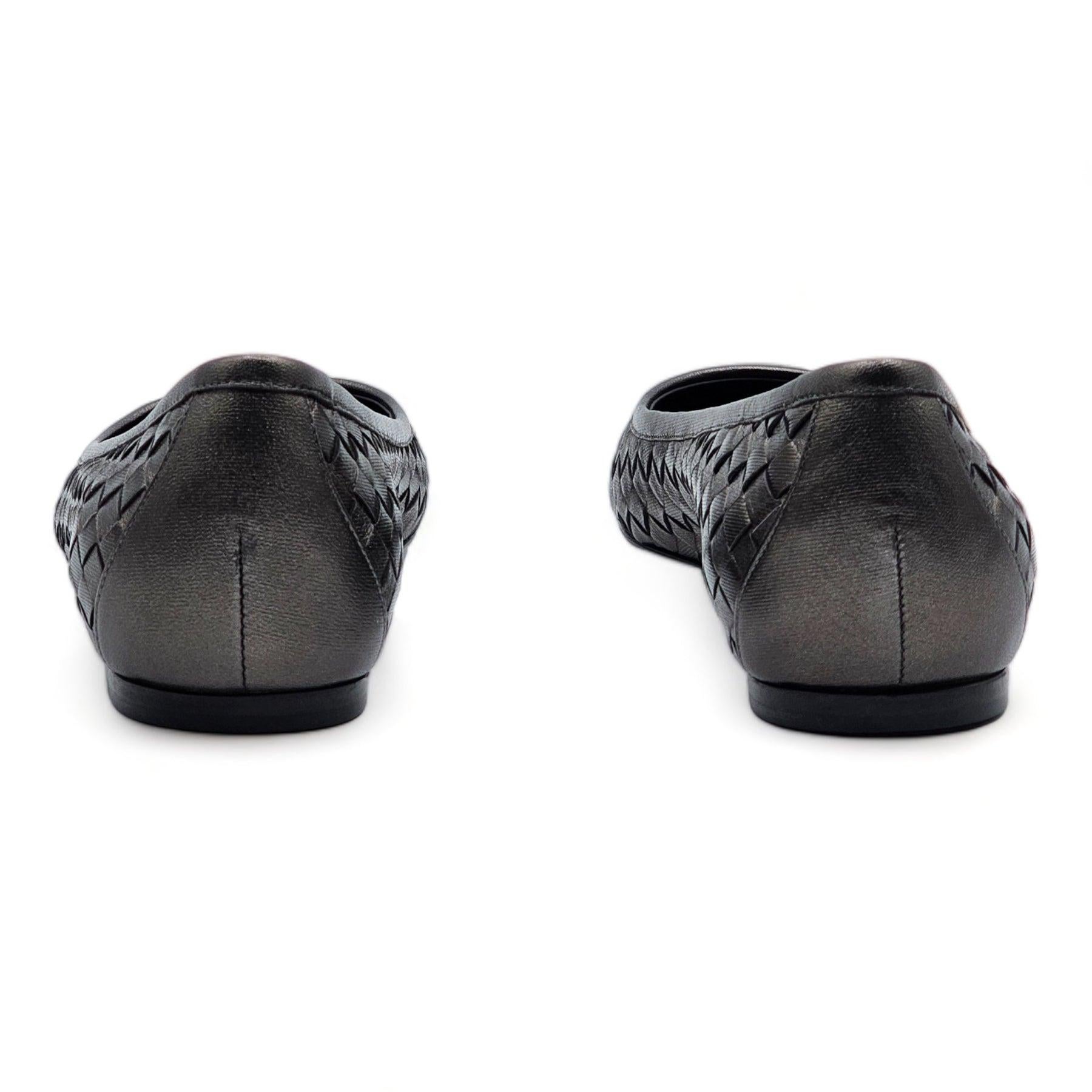 Black Bottega Veneta Intrecciato Leather Loafers in Silver For Sale
