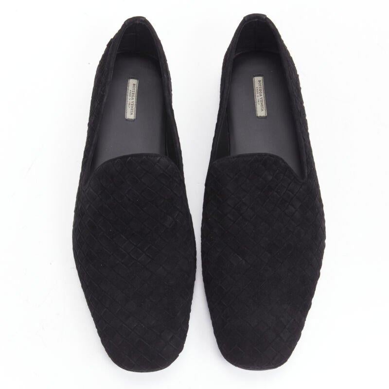 BOTTEGA VENETA Intrecciato Luxe suede black woven dress loafer shoes EU42.5 In Excellent Condition For Sale In Hong Kong, NT