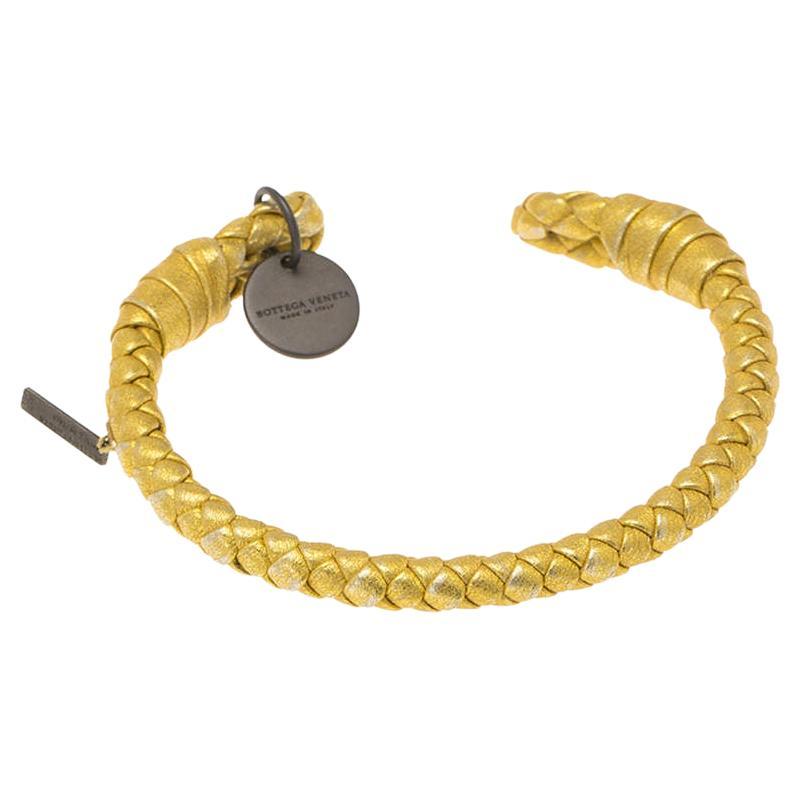 Bottega Veneta Intrecciato Nappa Gold Tone Open Cuff Leather Bracelet M For Sale