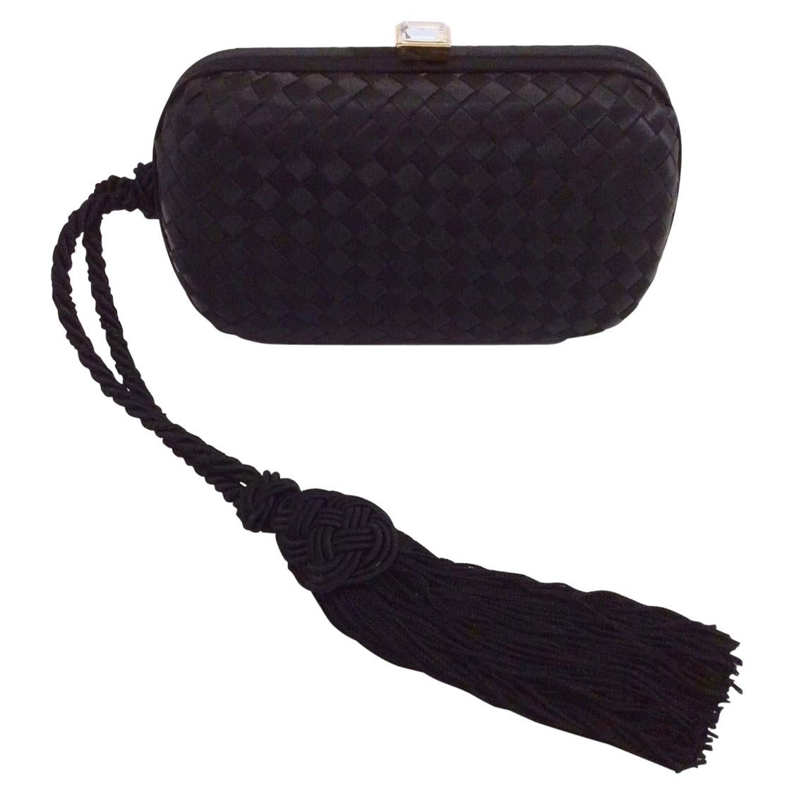 Bottega Veneta Intrecciato Tassel Silk Black Clutch 