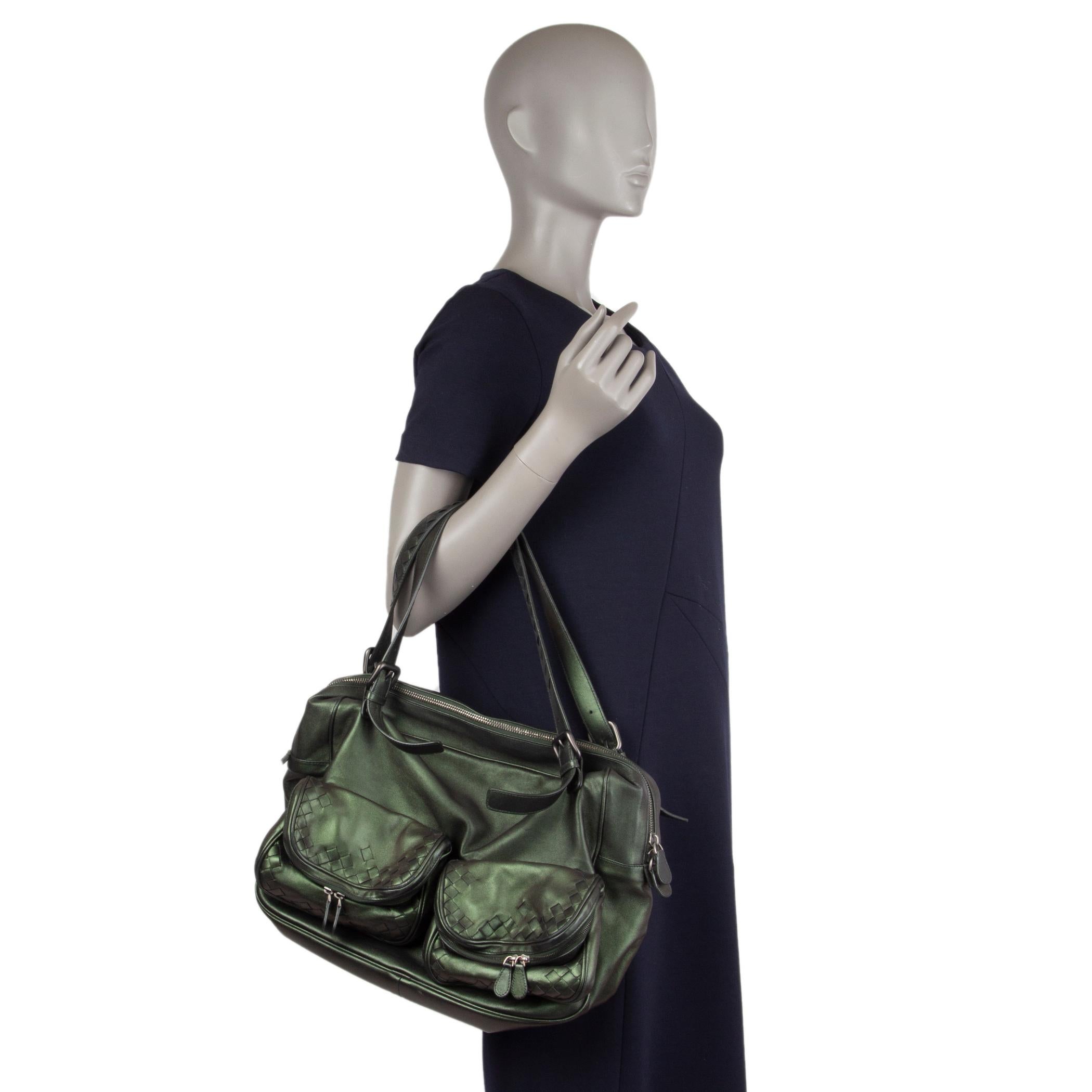 Women's BOTTEGA VENETA iridescent green leather INTRECCIATO TWO POCKET Shoulder Bag