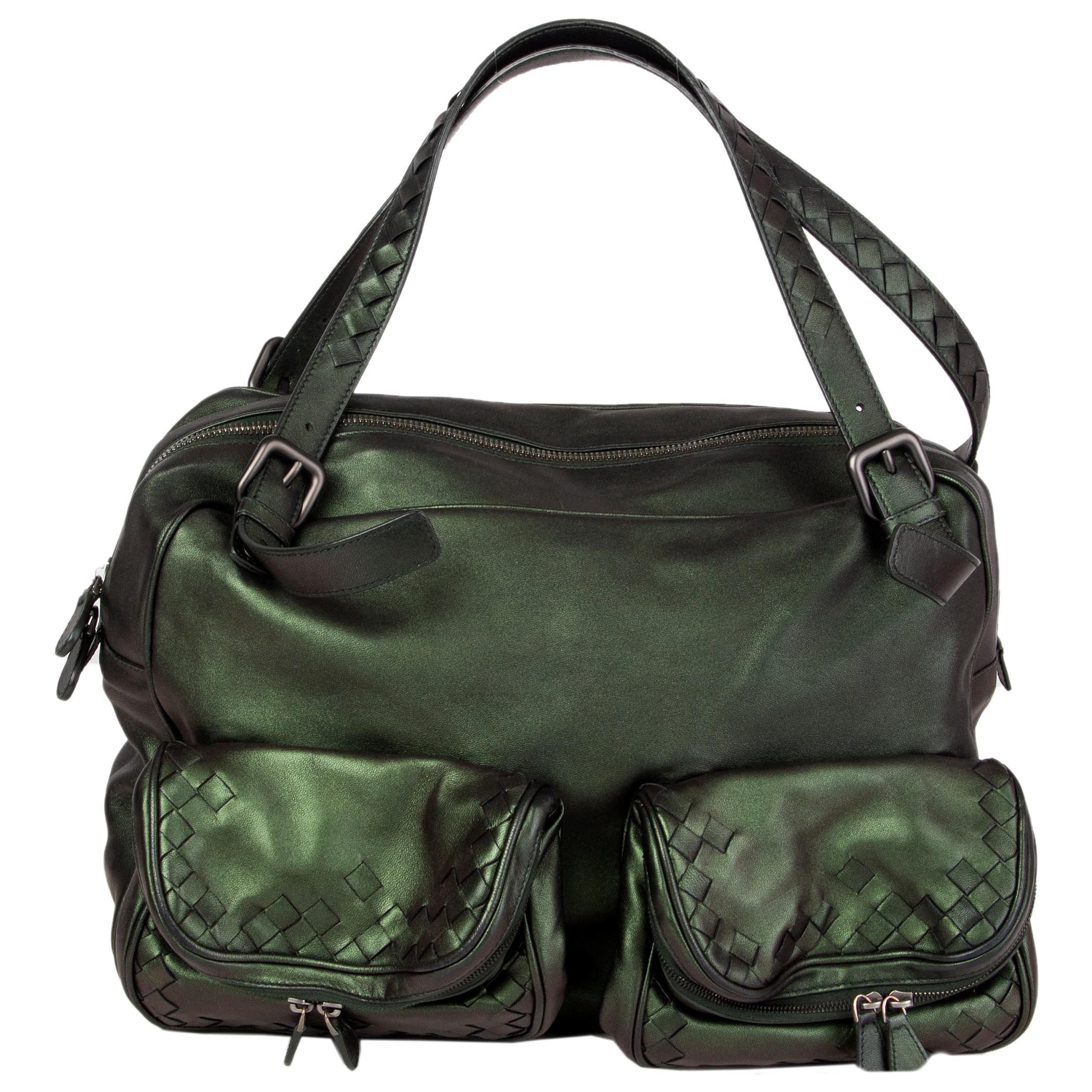 BOTTEGA VENETA iridescent green leather INTRECCIATO TWO POCKET Shoulder Bag