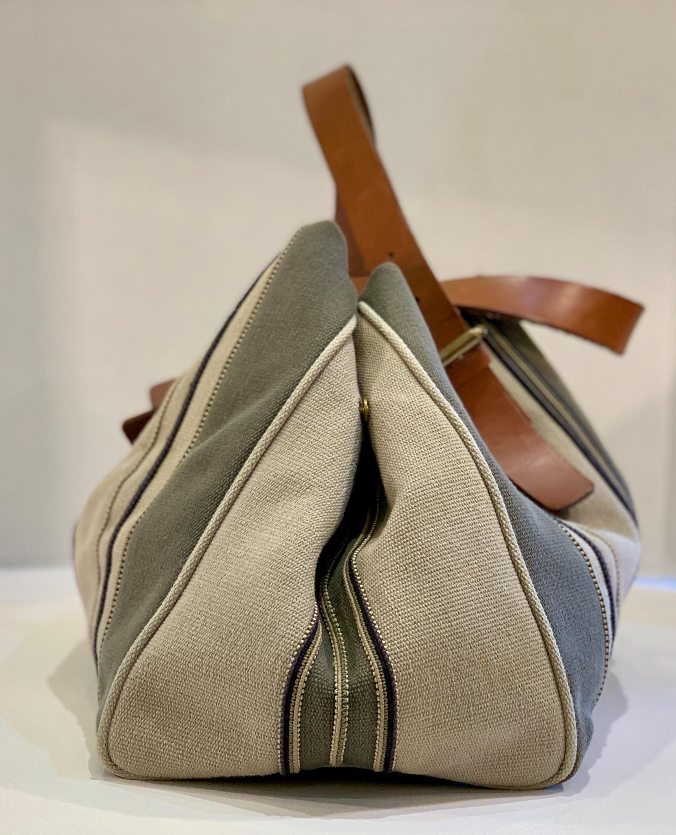 Bottega Veneta Italy Striped Canvas Purse with Distressed Saddle Leather Handles In Good Condition In Tustin, CA