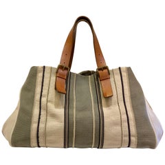 Bottega Veneta Italy Striped Canvas Purse with Distressed Saddle Leather Handles