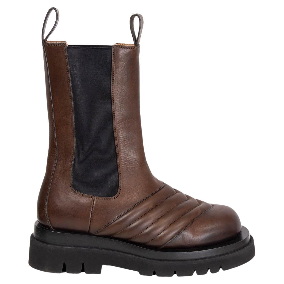BOTTEGA VENETA khaki brown leather Chevron LUG Mid Calf Chelsea Boots Shoes 40 For Sale
