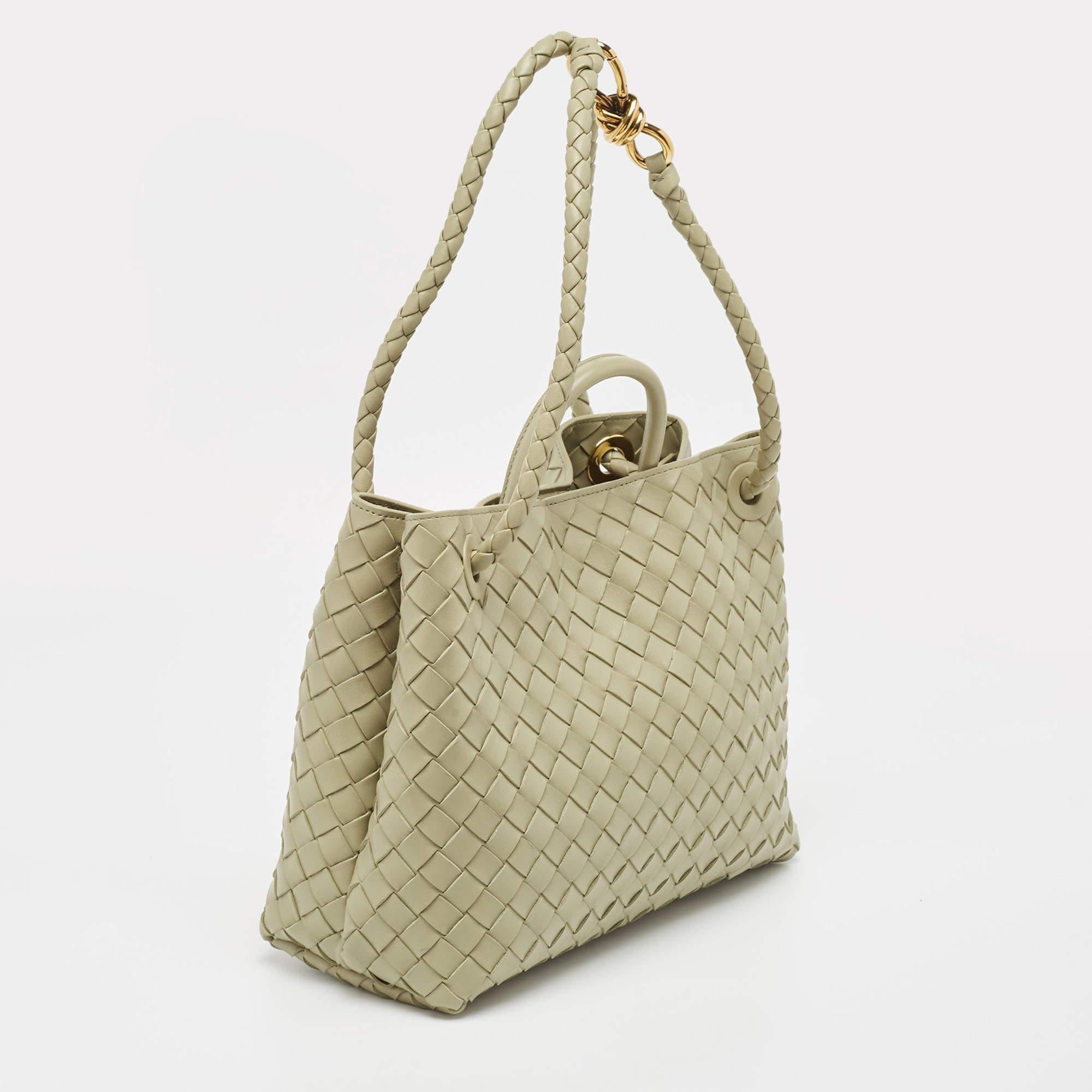 Beige Bottega Veneta Khaki Green Intrecciato Leather Medium Andiamo Top Handle Bag
