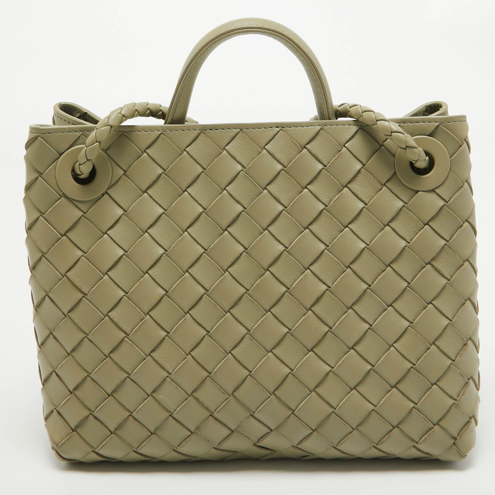 Bottega Veneta Khaki Green Intrecciato Leather Small Andiamo Top Handle Bag 1