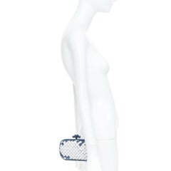 BOTTEGA VENETA Knot canvas leather Intrecciato blue white minaudiere box clutch