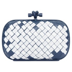 BOTTEGA VENETA Knot canvas leather Intrecciato blue white minaudiere box clutch