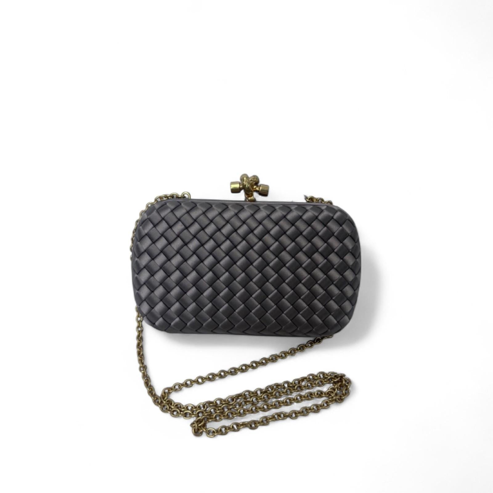 Black Bottega Veneta Knot Clutch Bag in Champagne Bronze Silk with Gold Chain