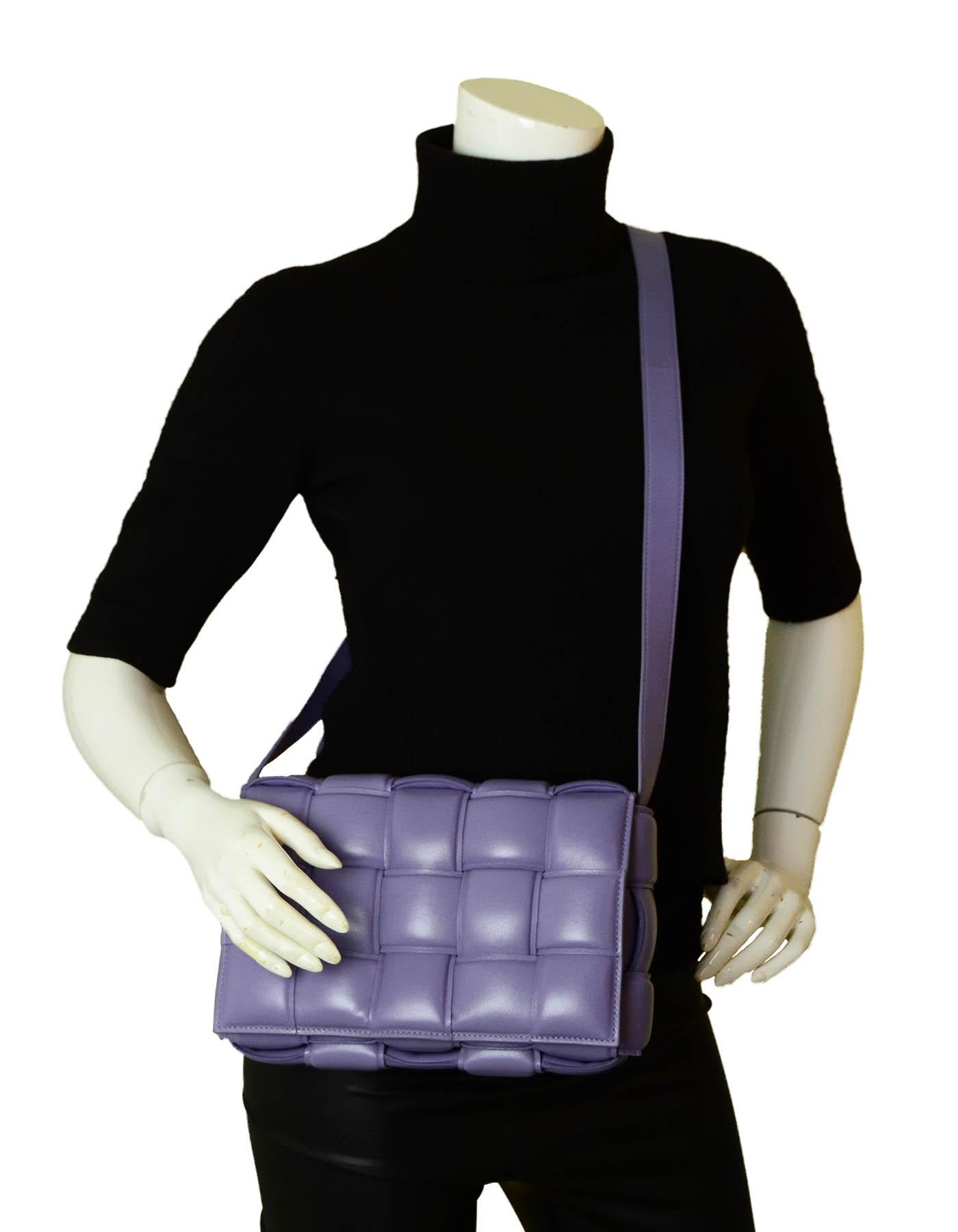 Bottega Veneta BV Lavender Maxi Intrecciato Leather Padded Cassette Crossbody Bag

Made In: Italy
Year of Production: 2020-2021
Color: Lavender
Hardware: Silvertone
Materials: Lambskin leather and metal
Lining: Leather
Closure/Opening: Flap top with
