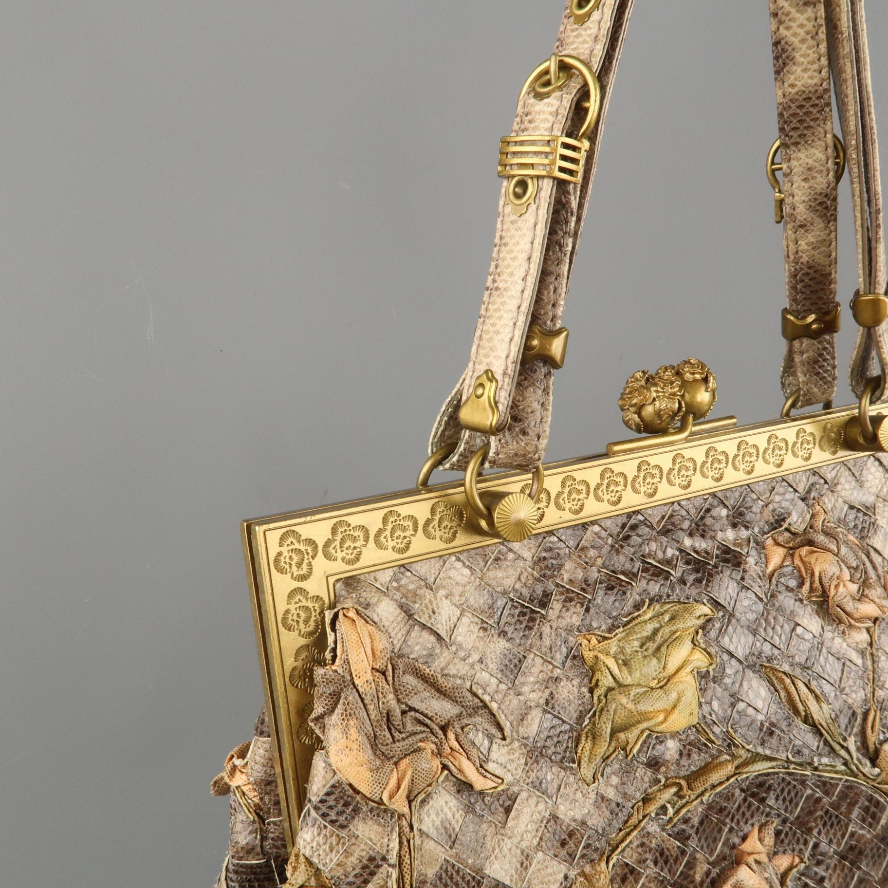 BOTTEGA VENETA Lavorazione Fatta a Aano Taupe Intrecciato Lizard Leather Handbag In Good Condition In San Francisco, CA
