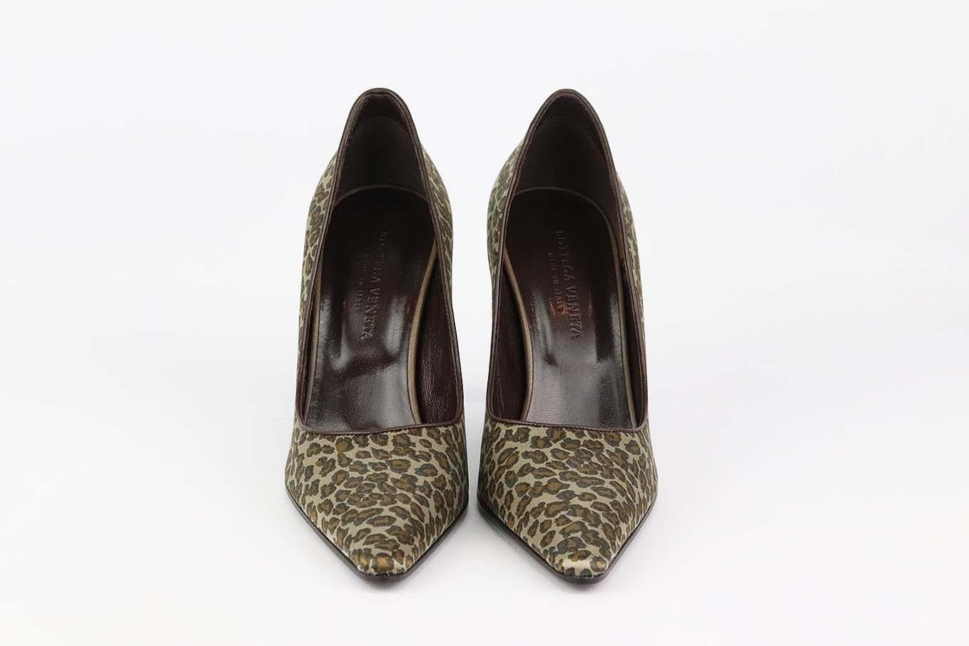 These Vintage pumps by Bottega Veneta are a classic style that will never date, made in Italy from supple taupe, brown and black satin, they have pointed toes and leopard-print throughout and comfortable 76 mm heels to take you from morning meetings