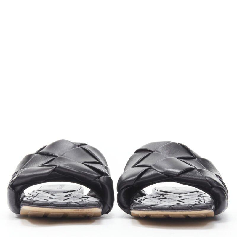 Black BOTTEGA VENETA Lido black padded Intrecciato woven square toe slides EU38.5 For Sale