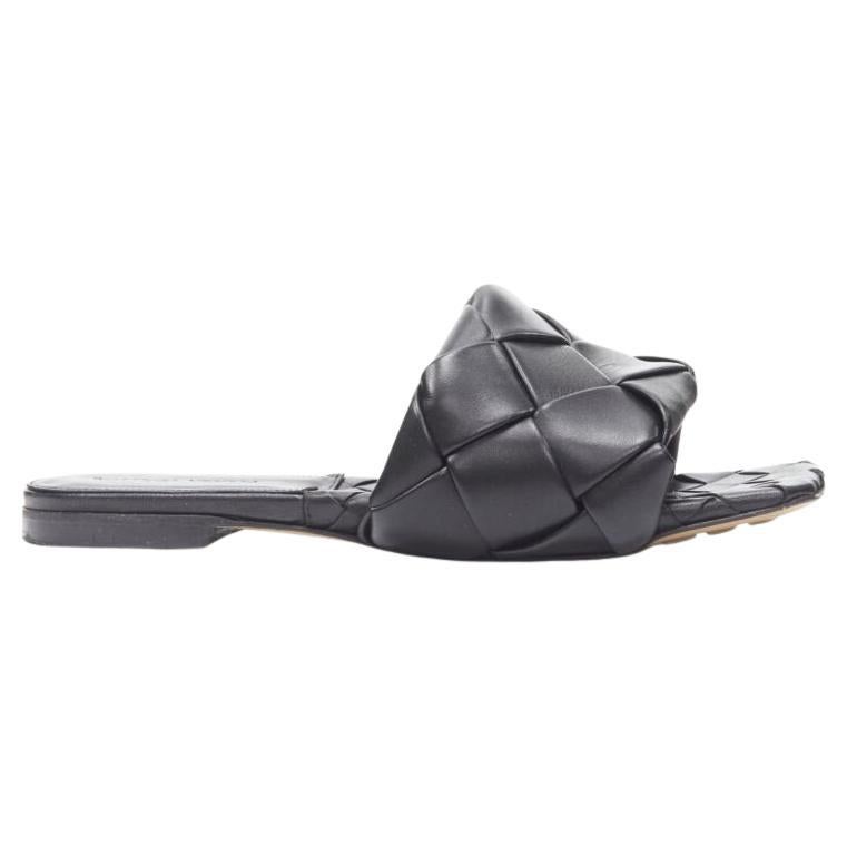 BOTTEGA VENETA Lido black padded Intrecciato woven square toe slides EU38.5 For Sale