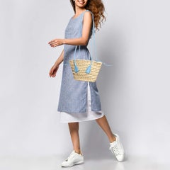 Bottega Veneta Light Blue/Beige Raffia and Leather Small Arco Basket Bag