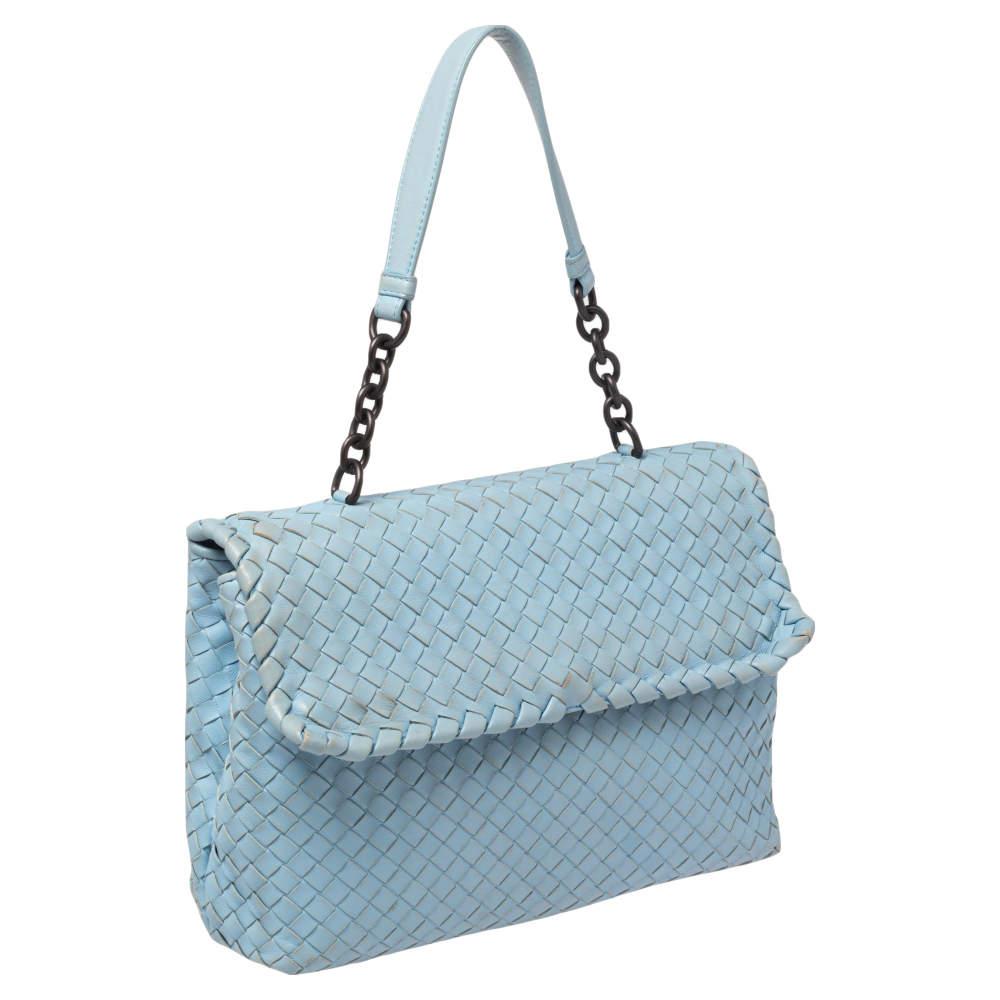 Women's Bottega Veneta Light Blue Intrecciato Leather Medium Olimpia Shoulder Bag For Sale