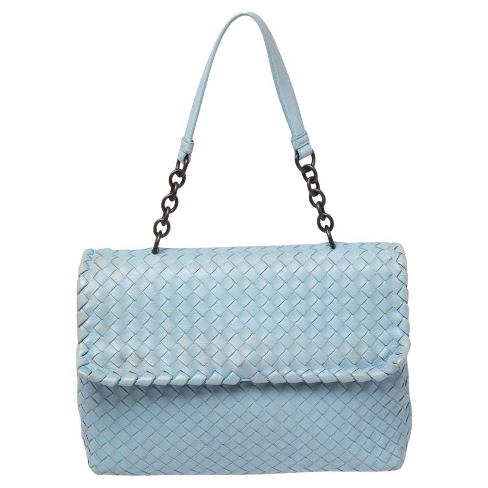 Bottega Veneta Light Blue Intrecciato Leather Medium Olimpia Shoulder Bag For Sale