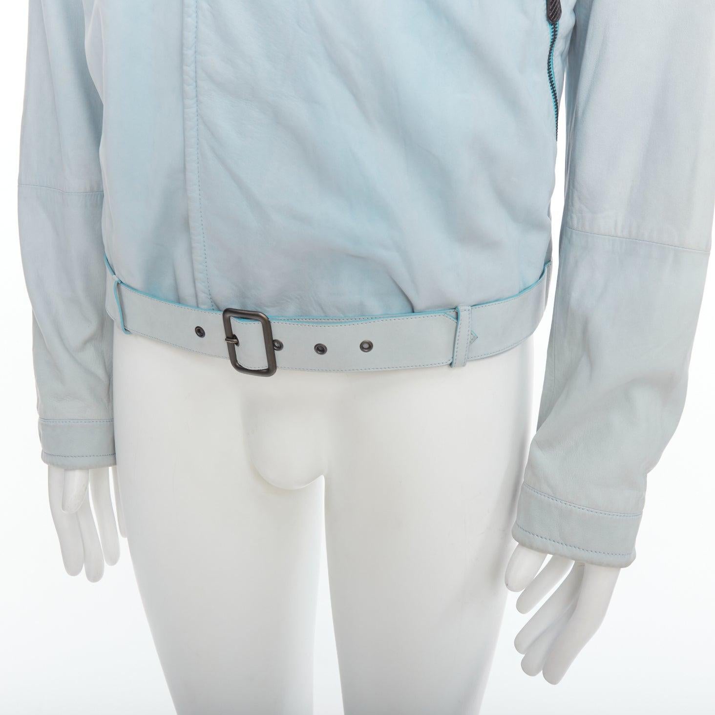 BOTTEGA VENETA light blue soft leather off centre biker jacket IT50 L
Reference: PRCG/A00044
Brand: Bottega Veneta
Designer: Tomas Maier
Material: Leather
Color: Blue
Pattern: Solid
Closure: Zip
Lining: Blue Fabric
Extra Details: Raglan