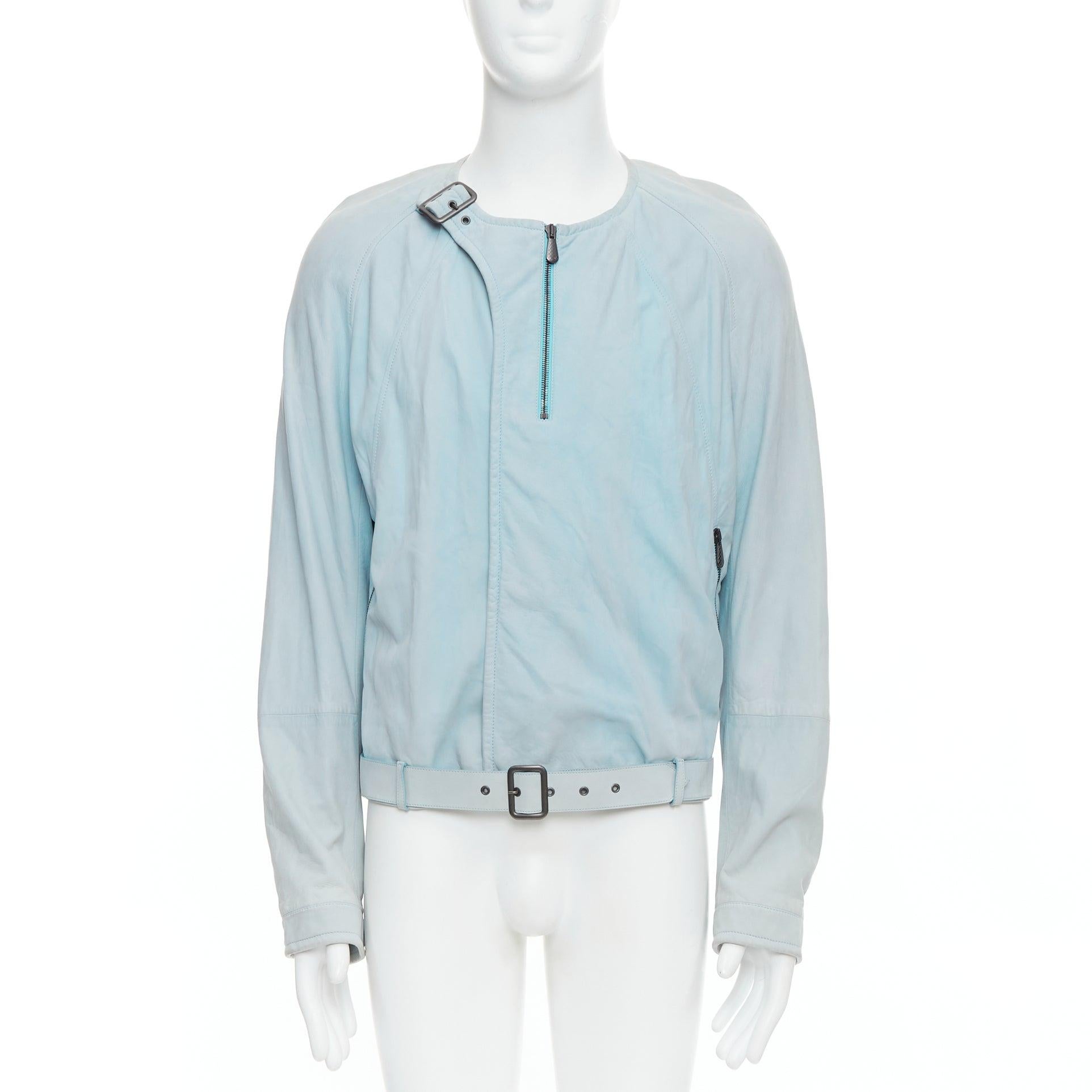 Blue BOTTEGA VENETA light blue soft leather off centre biker jacket IT50 L For Sale