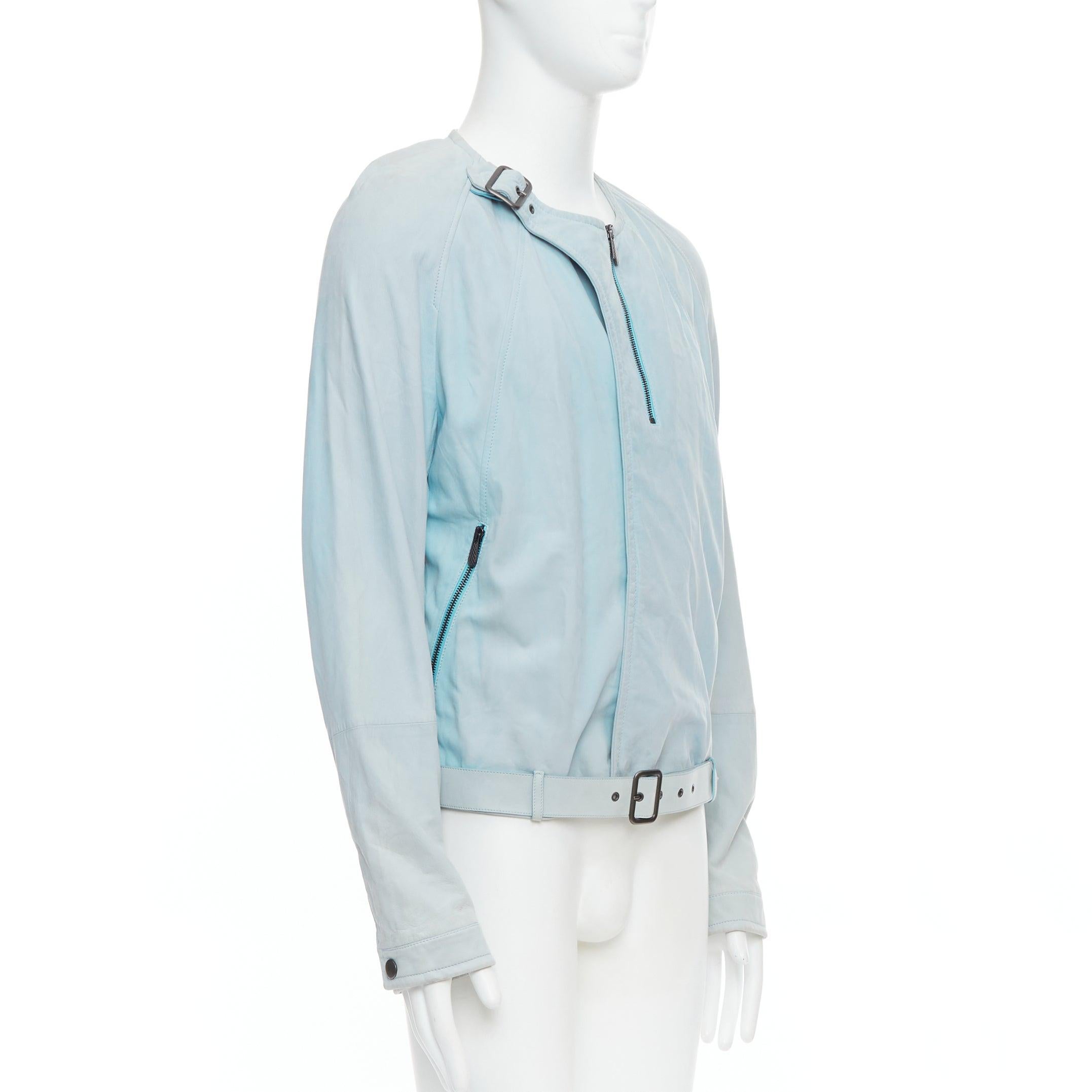 BOTTEGA VENETA light blue soft leather off centre biker jacket IT50 L In Fair Condition For Sale In Hong Kong, NT