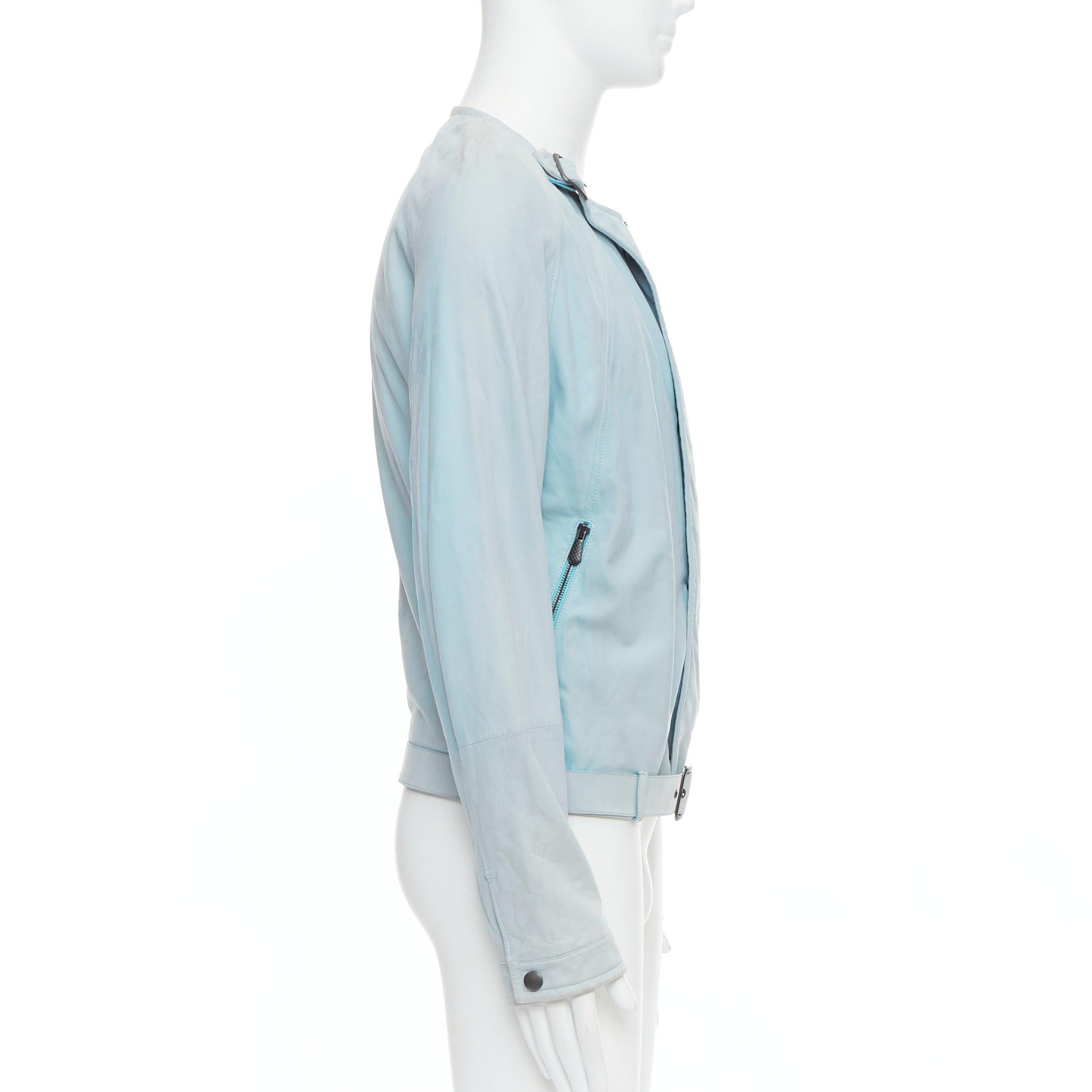 Men's BOTTEGA VENETA light blue soft leather off centre biker jacket IT50 L For Sale