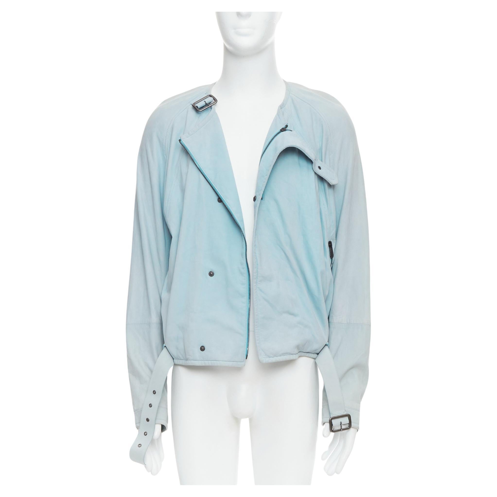 BOTTEGA VENETA light blue soft leather off centre biker jacket IT50 L For Sale