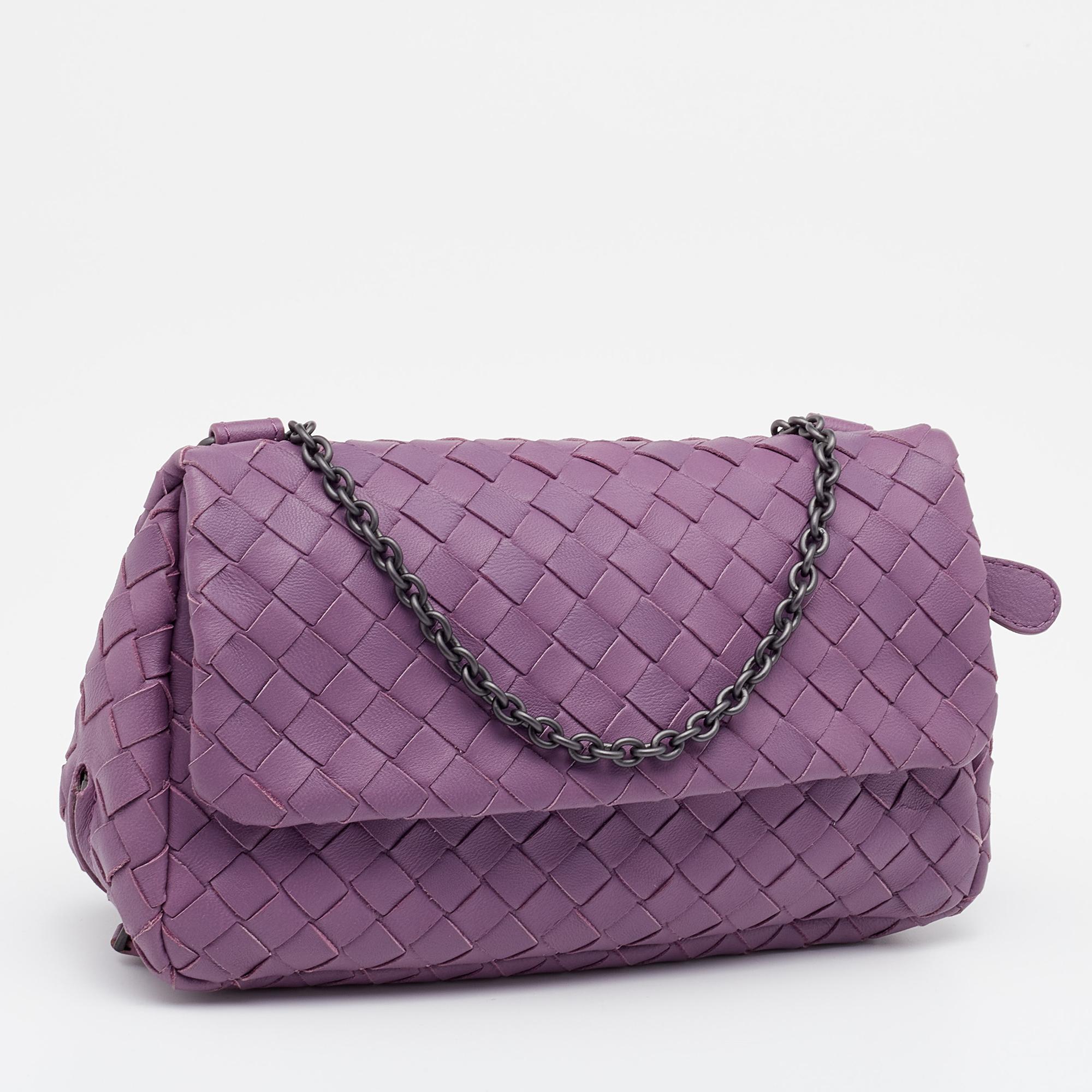 Gray Bottega Veneta Light Purple Intrecciato Leather Small Flap Chain Crossbody Bag