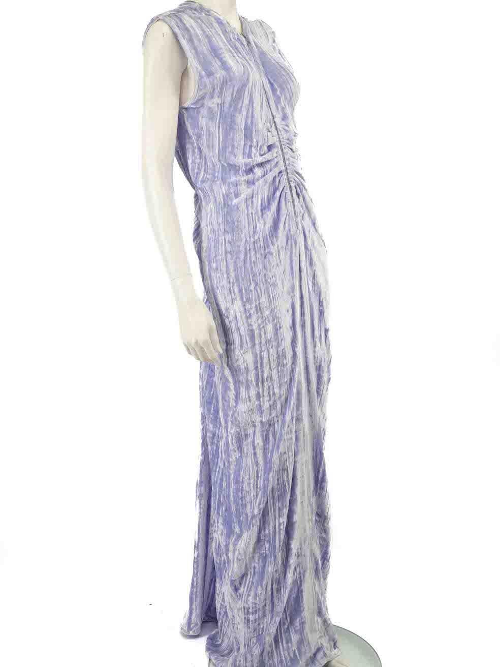 CONDITION is Very good. Minimal wear to dress is evident. Minimal discolouration to rear near zip, lining of rear neck and internal hemline on this used Bottega Veneta designer resale item.
 
 
 
 Details
 
 
 Lilac
 
 Velvet
 
 Gown
 
 V-neck
 
