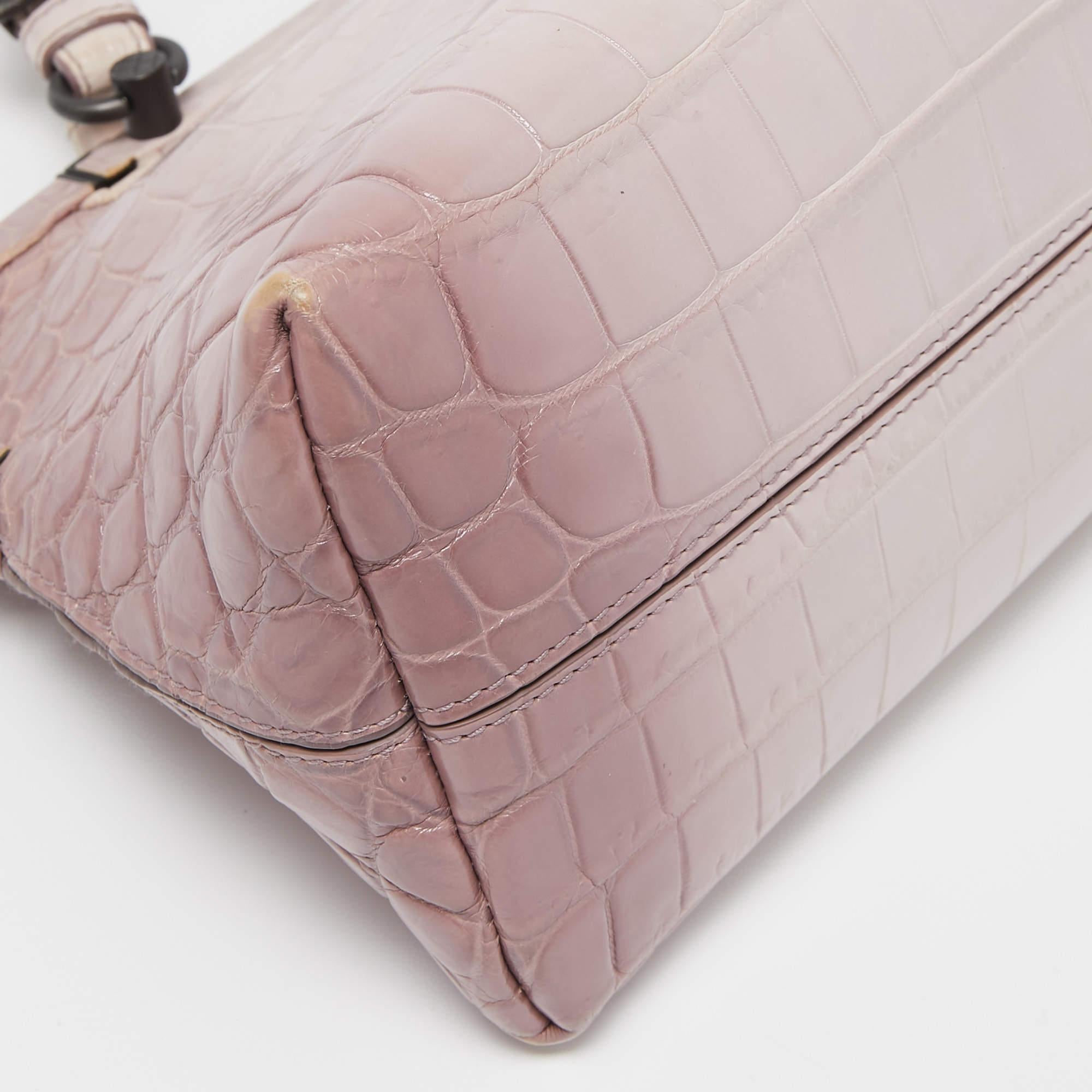Bottega Veneta Lilac/White Croc Leather Frame Satchel For Sale 8
