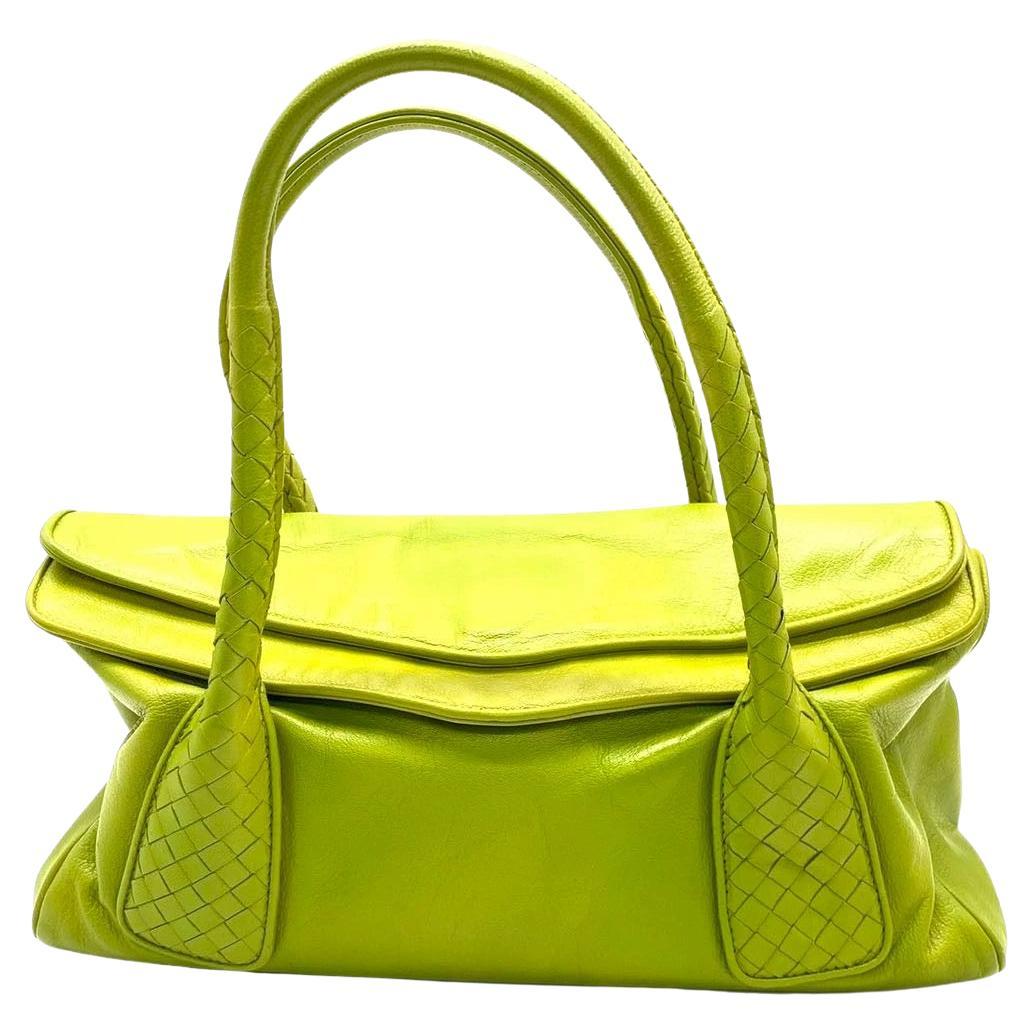 Bottega Veneta Lime Green Intrecciato Leather Hand Bag For Sale