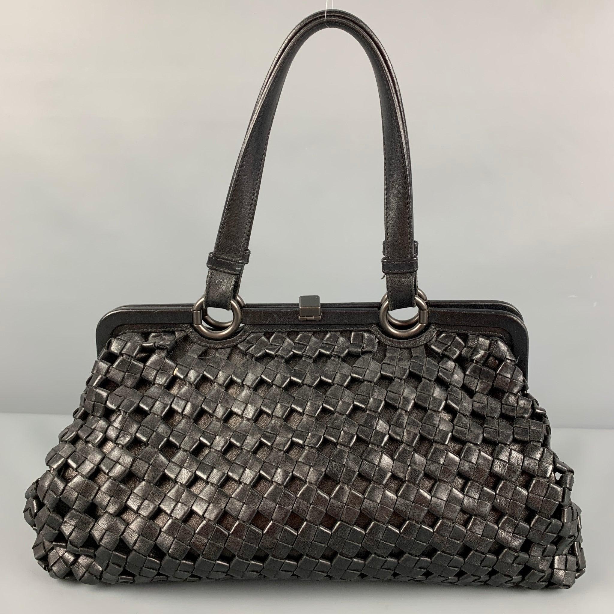 BOTTEGA VENETA Limited Edition Black Woven Leather Satchel Handbag In Good Condition For Sale In San Francisco, CA
