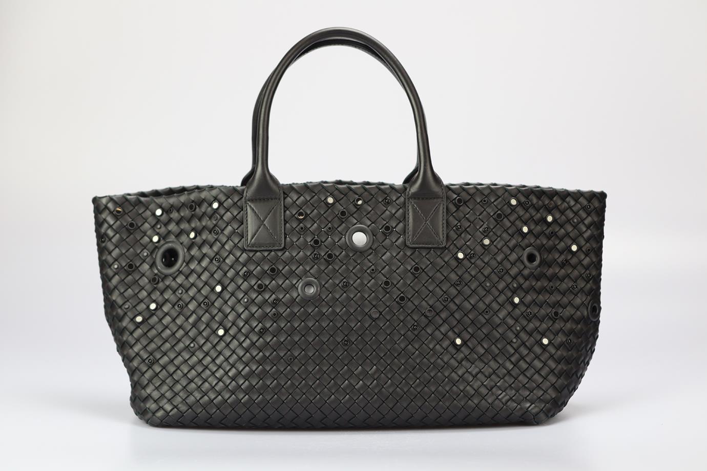 Bottega Veneta Limited Edition Cabat Embellished Intreciato Leather Tote Bag. Black. Open Top. Does not come with - dustbag or box. Height: 9.8 in. Width: 22 in. Depth: 6.5 in. Handle drop: 6.6 in. Condition: Used. Very good condition - Light