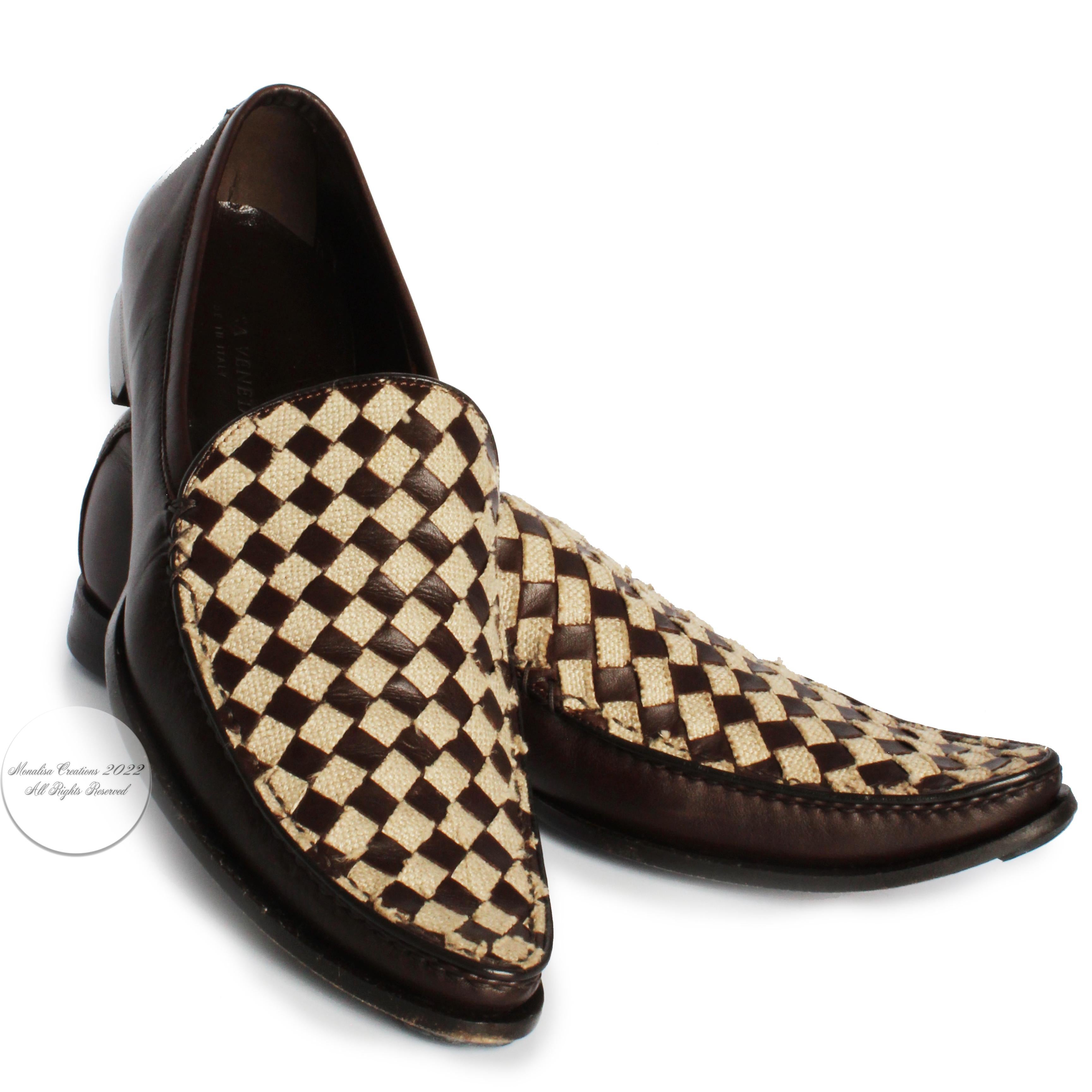 Unique Bottega Veneta loafers, made in Italy most likely in the 2000s.  Made from brown leather, they feature woven brown leather and cream-hued canvas on the vamp.  So unique, easy to style and ultra-comfortable to wear.  Stamped size 38.5. 